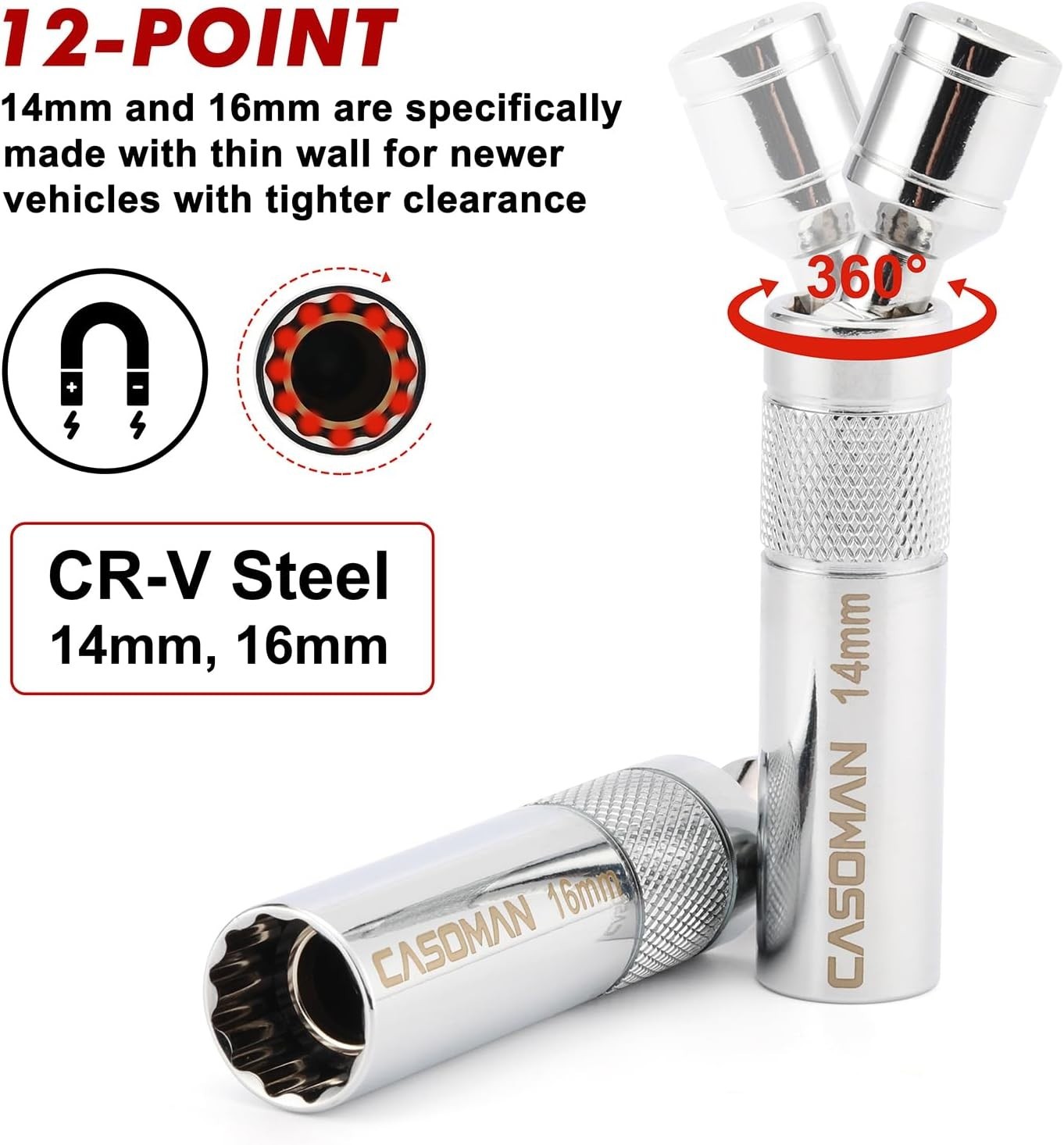 Casoman 10pc Spark Plug Socket Set, Magnetic Tip, CR-V Steel