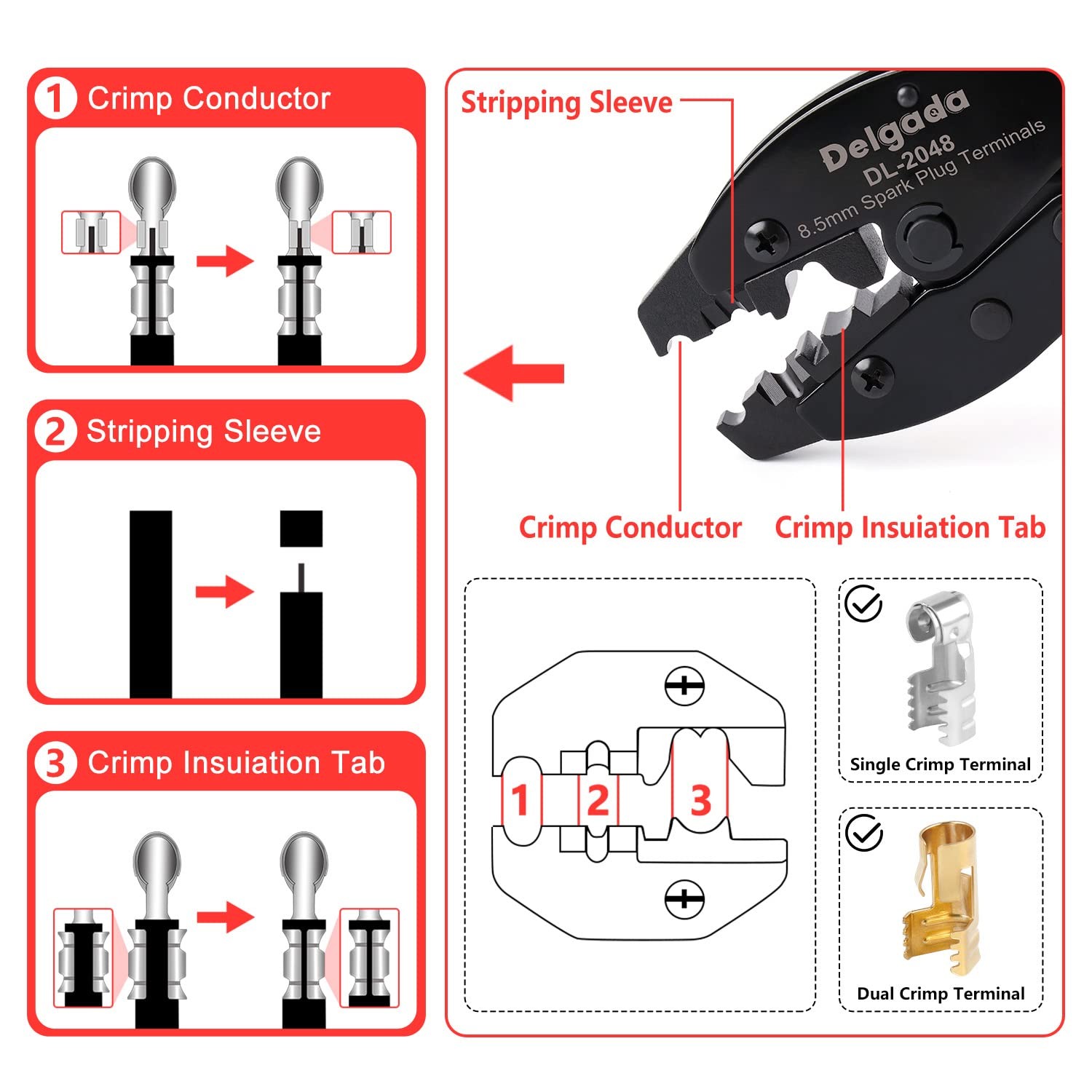 Delgada 36Pcs Spark Plug Wire Crimping Tool DL-2048 with 36PCS Terminals, Red
