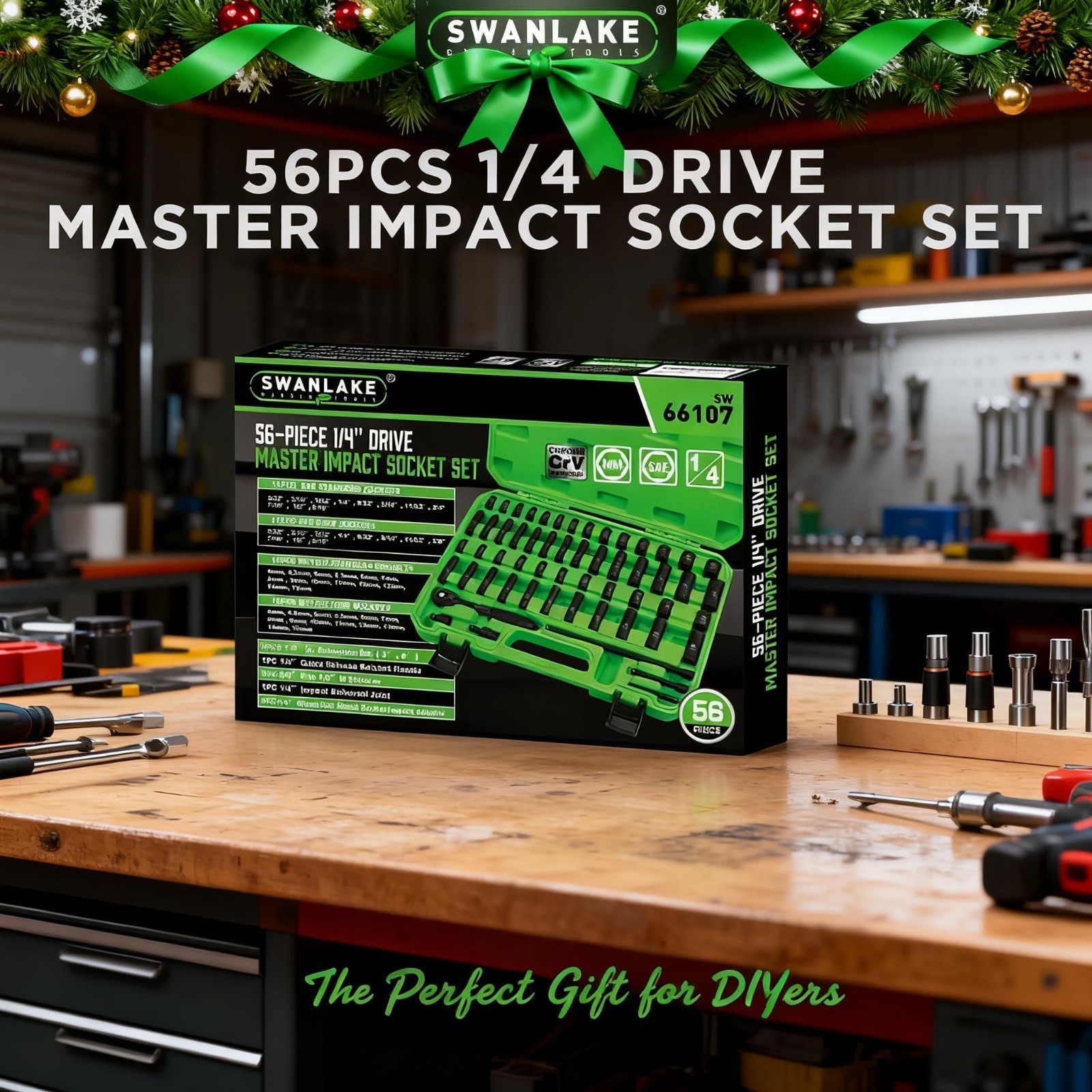 56-Piece Impact Socket Set 1/4″ Drive – SAE & Metric, 6 Point, Cr-V, Ratchet & E