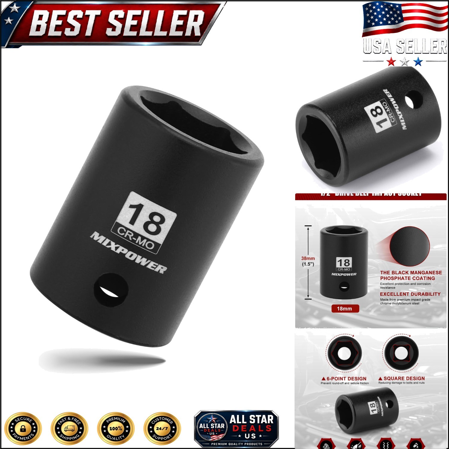 Professional 1/2″ Drive Shallow Impact Socket – 6-Point, High Torque Design