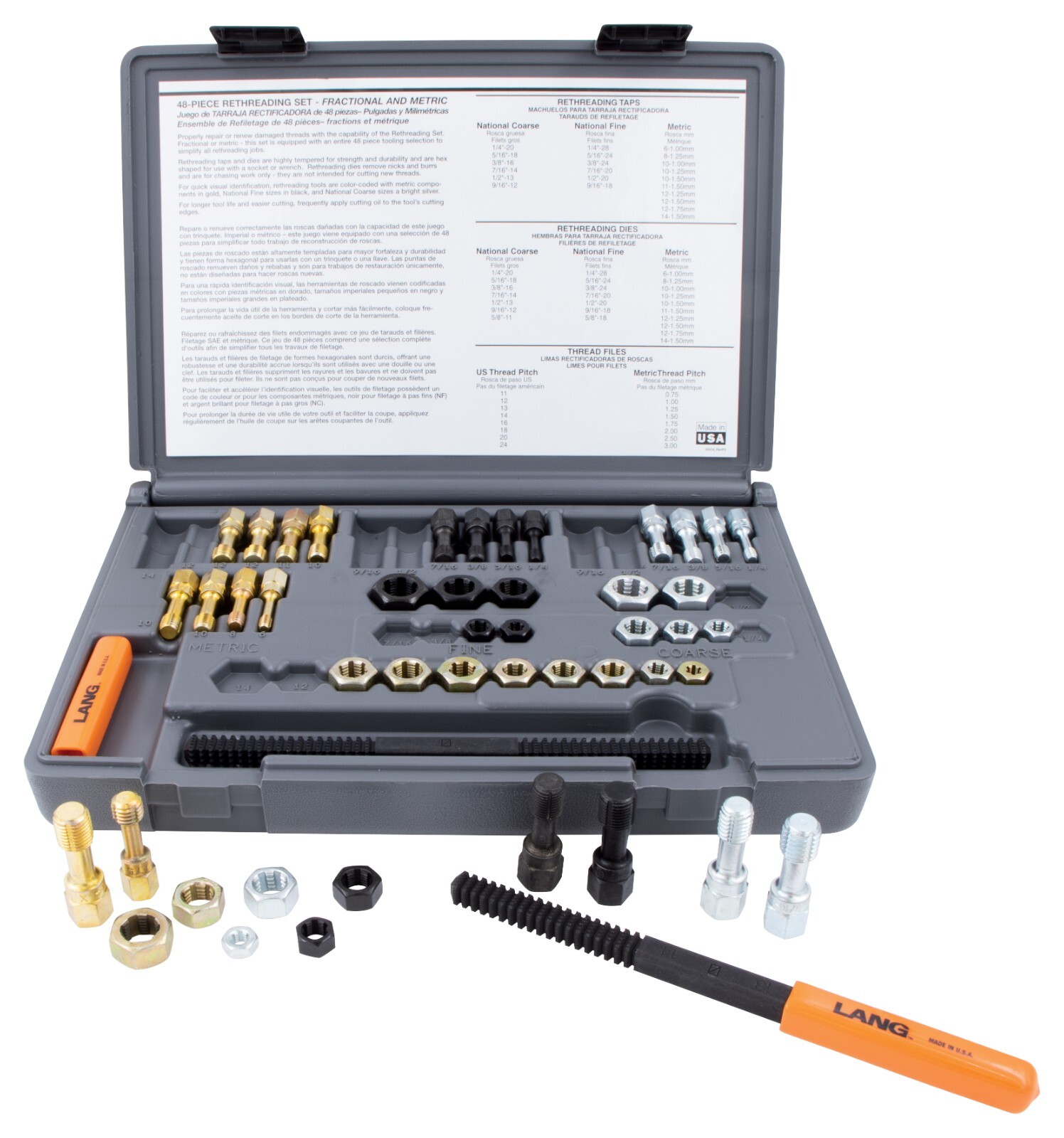 Lang 48pc Tap Die File Rethreading Set Metric NF-SAE NC-USS Thread Restore 971