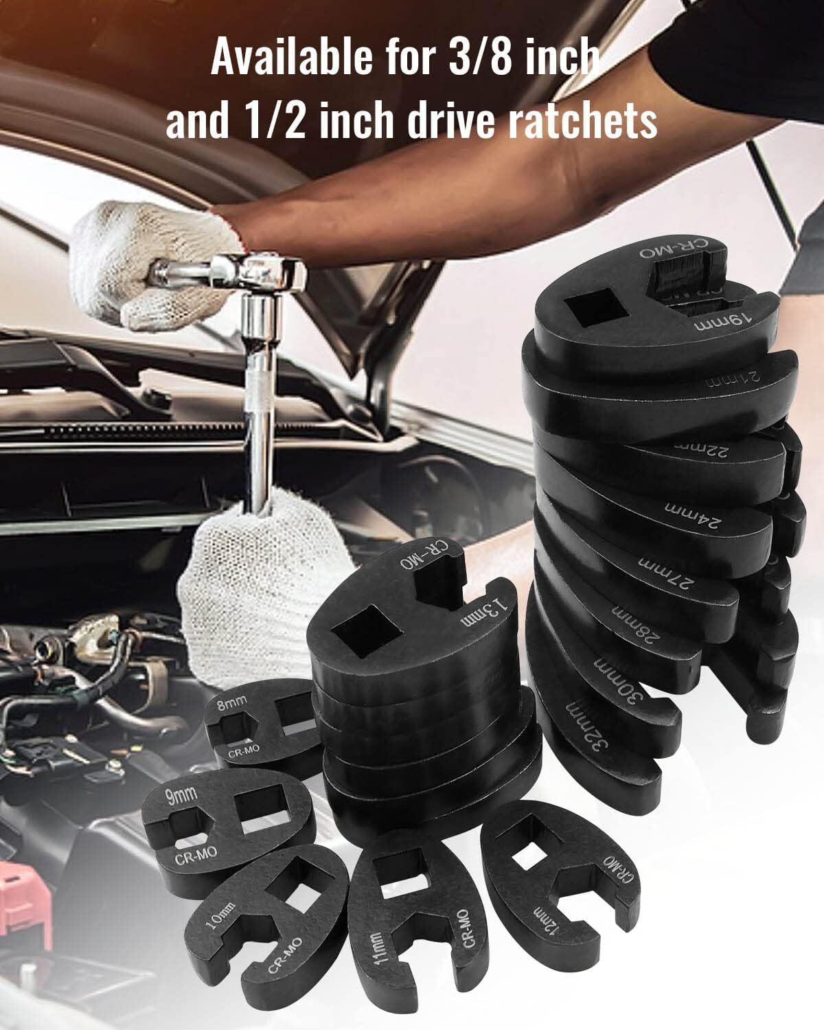 19PCS Flare Nut Crowfoot Wrench Set Metric Crows Foot Wrench Kit 3/8″ 1/2″ Drive