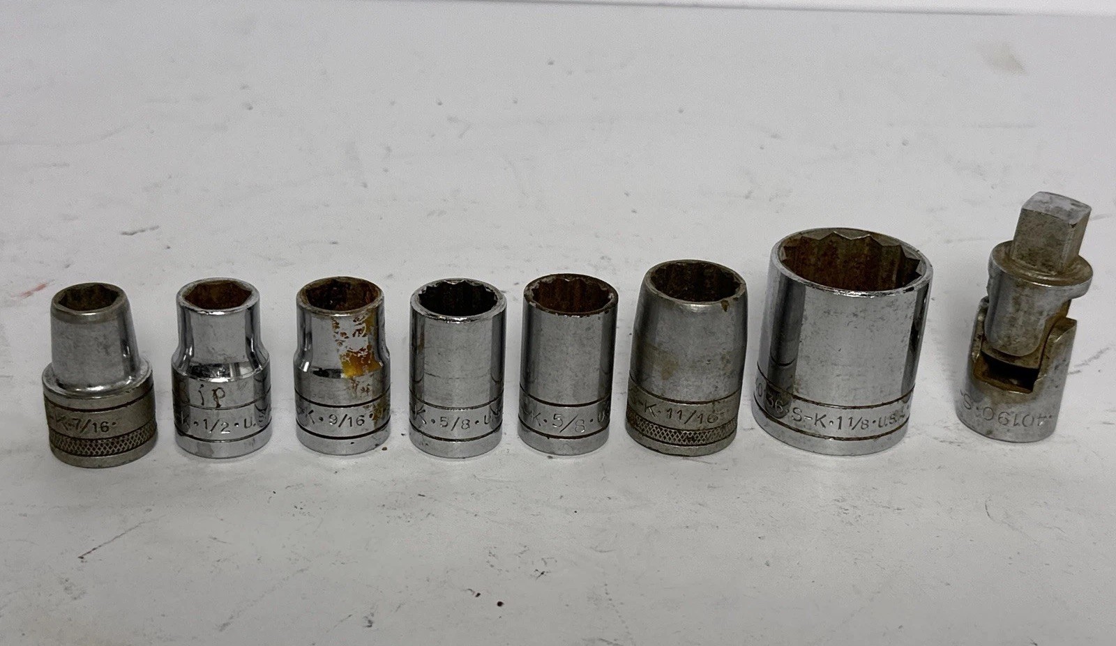 S-K SK 9pc 1/2” Drive SAE Socket Lot USA Vintage 6pt 12pt w/ Swivel