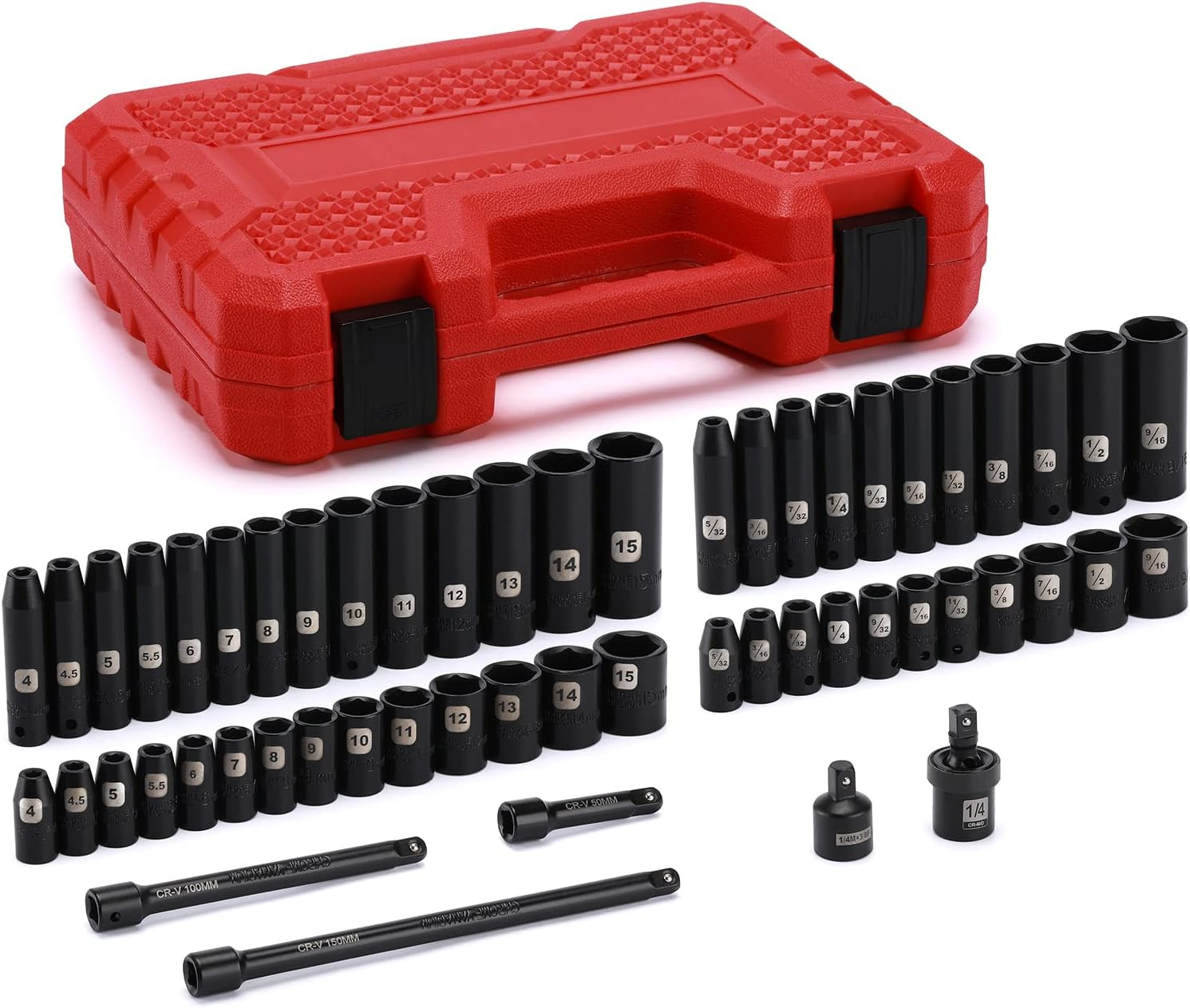55PCS 1/4″ Drive Impact Socket Set SAE & Metric Deep/Shallow CR-V Steel