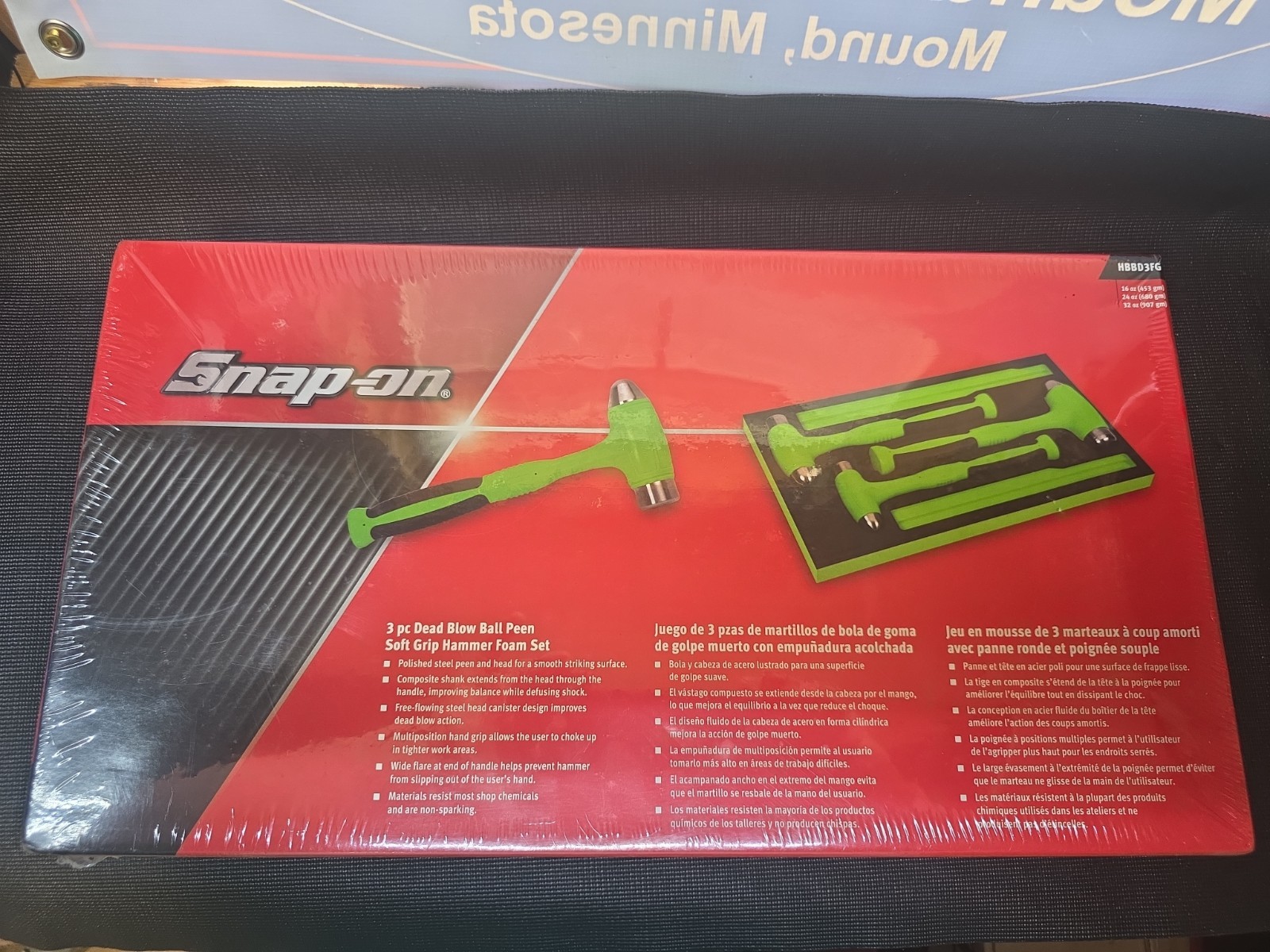 New Sealed HBBD3G Snap On 3 Pc Dead Blow Ball Peen Soft Grip Hammer Foam Set