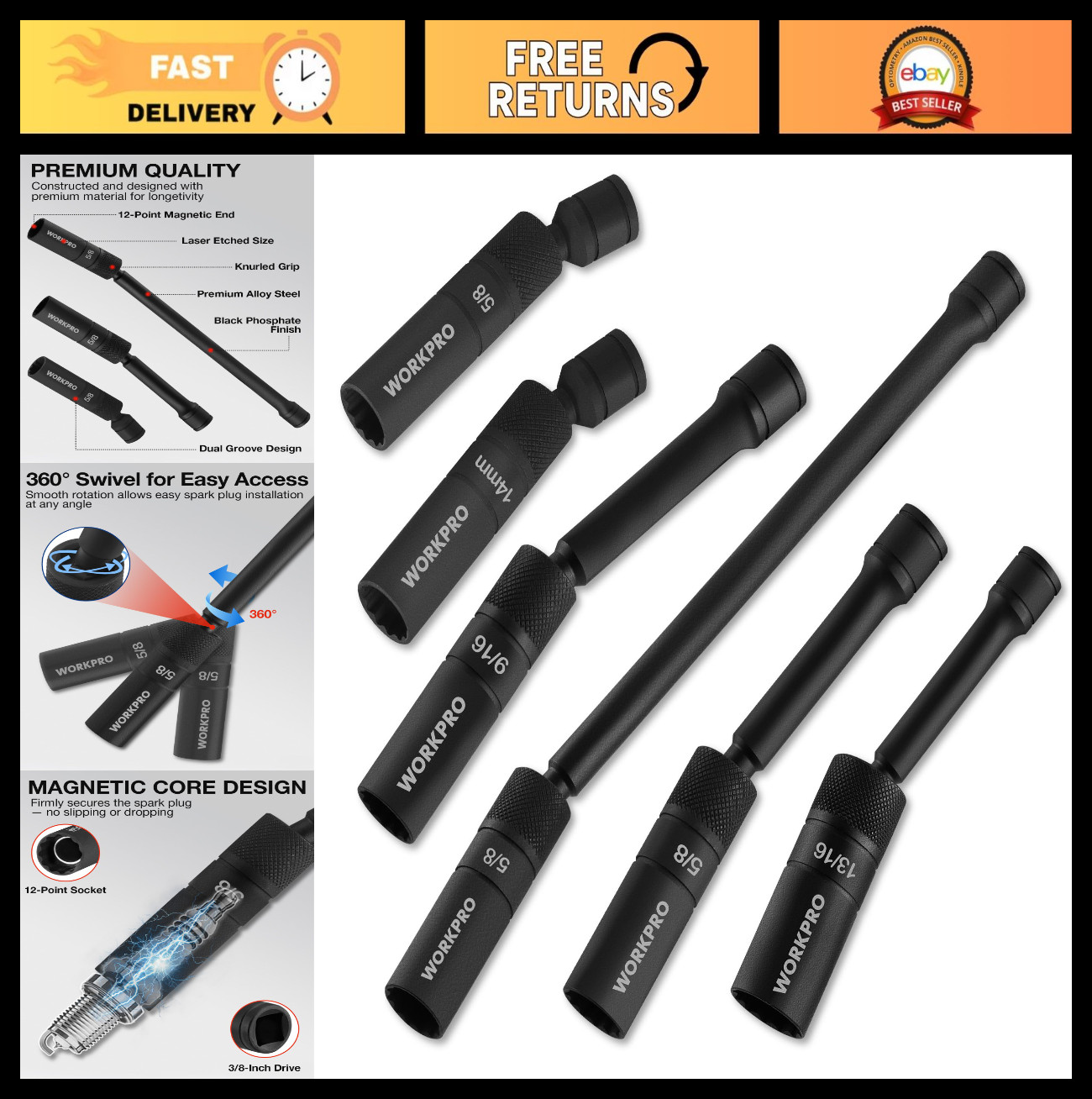 6-Piece Magnetic Spark Plug Socket Set, 3/8″ Drive, 12-Point, 9/16″-14mm, Extens