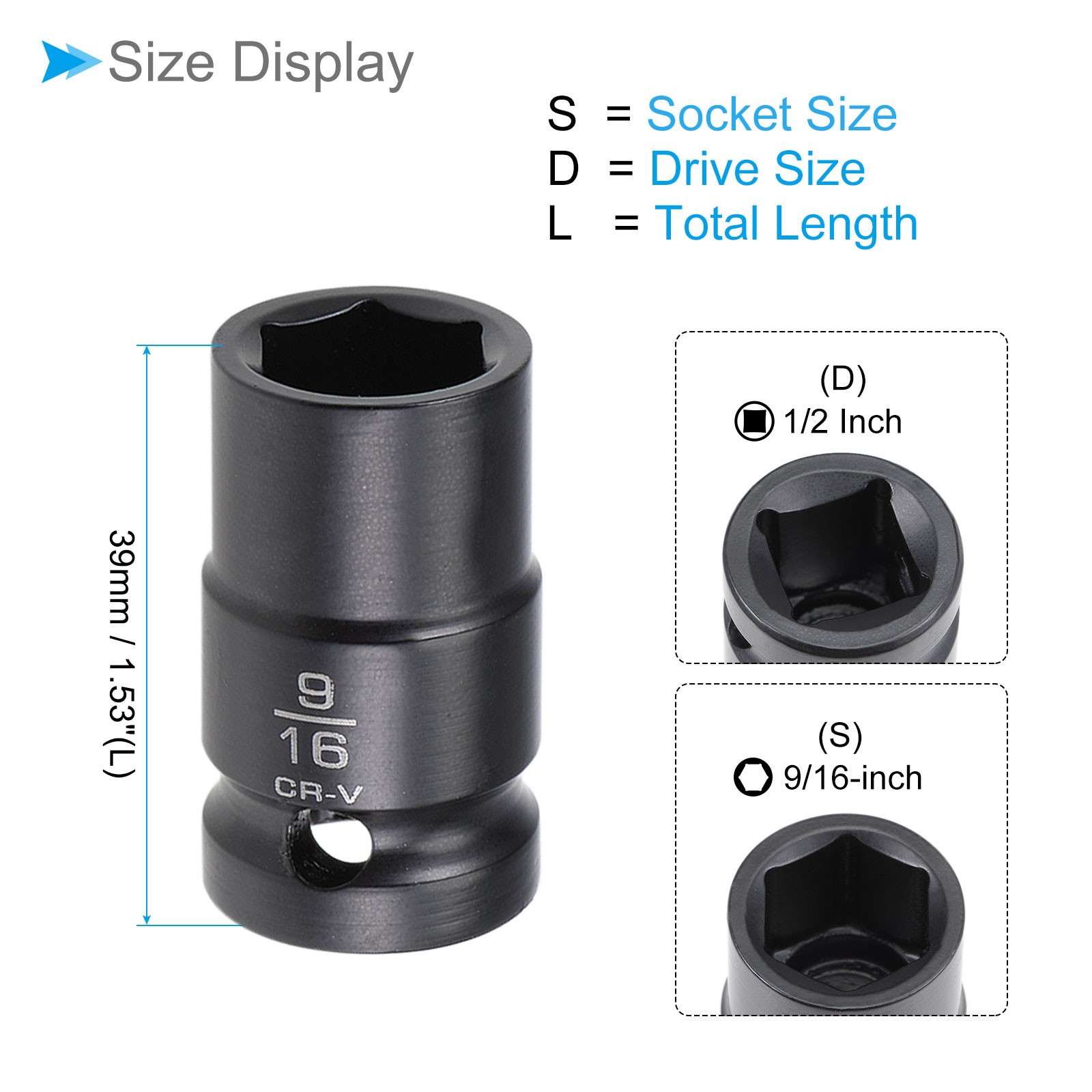 6-Point Shallow Impact Socket 1/2Inch Drive 9/16-inch Socket CR-V Axle Nut