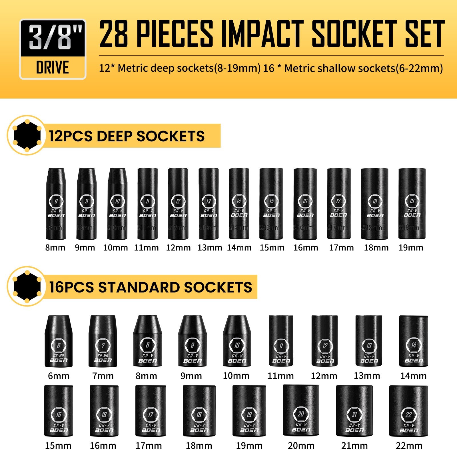 59Pcs 3/8″ Drive Impact Socket Set,SAE 5/16-3/4 inch,Metric 6-22mm,9Pcs E-Torx