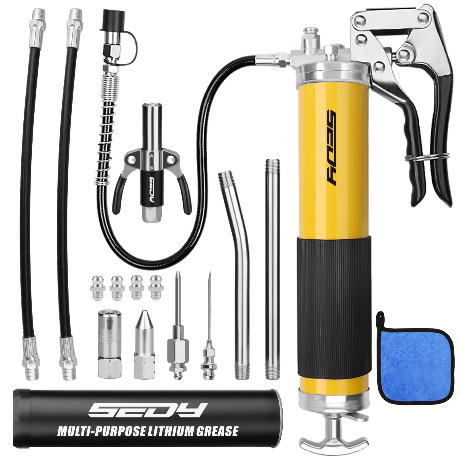 17-Piece Heavy Duty Grease Gun Kit: 14oz Tube Flexible New Version