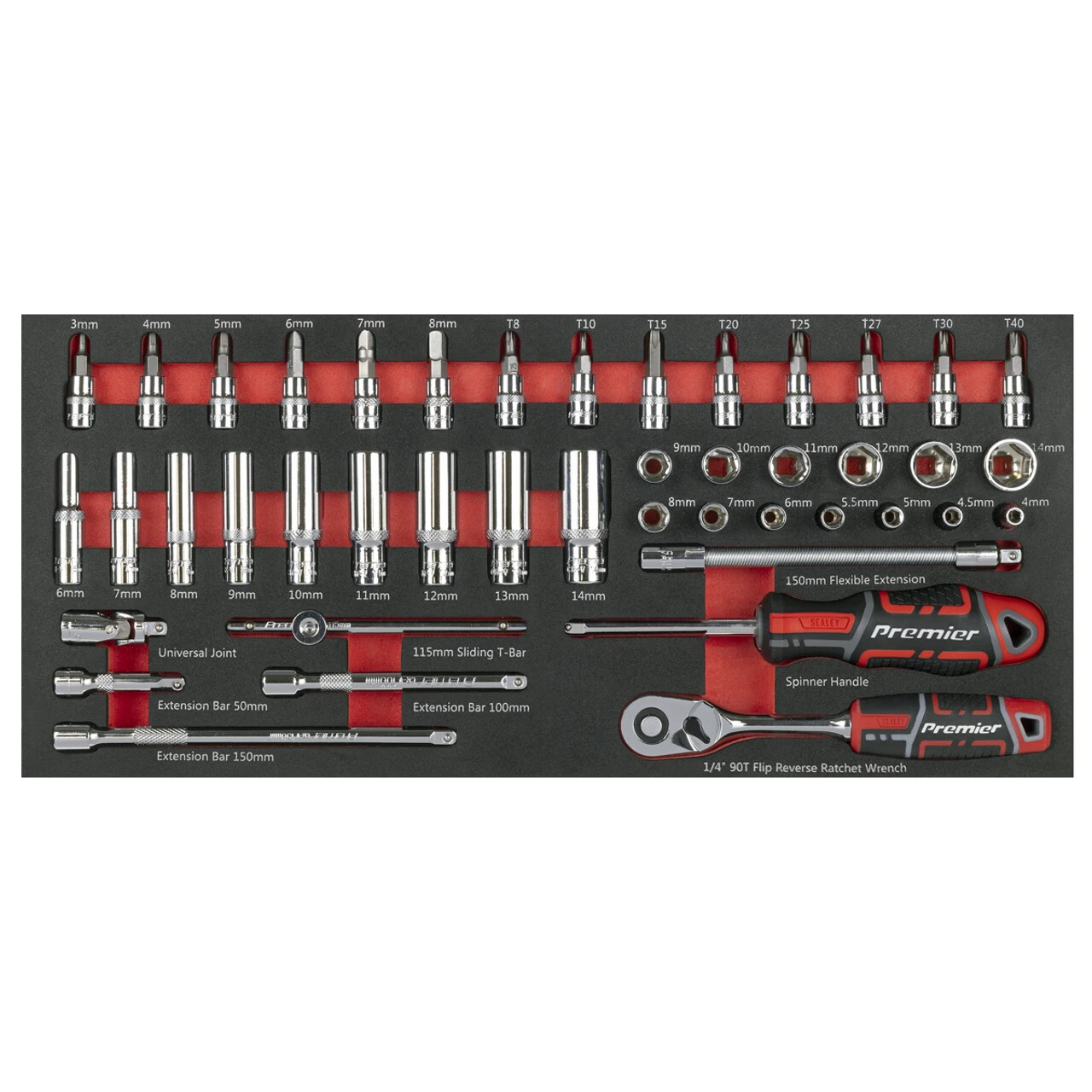Sealey Tools TBT40 Socket Bit Ext Bar & Ratchet 1/4 D Set In EVA Foam Tray TBTCH