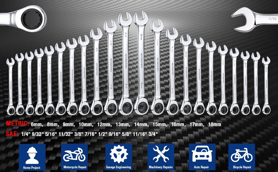 WORKPRO 22-Piece Ratcheting Combination Wrench Set 72 Teeth CR-V Metric & SAE