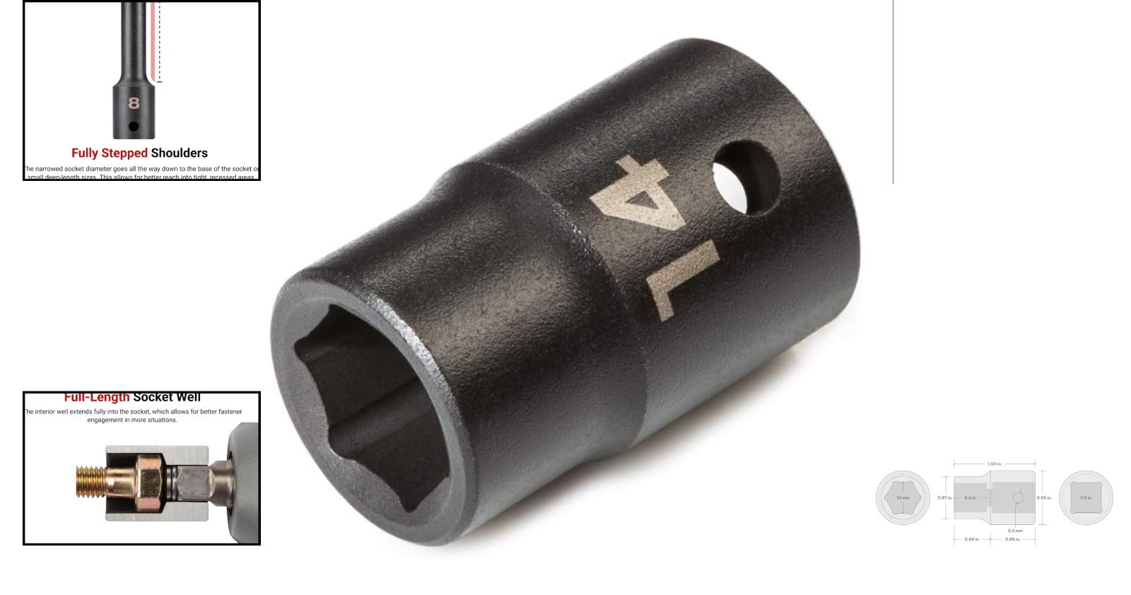 1/2 Inch Drive x 14 mm Shallow Impact Socket | Dual Size Markings for Precision