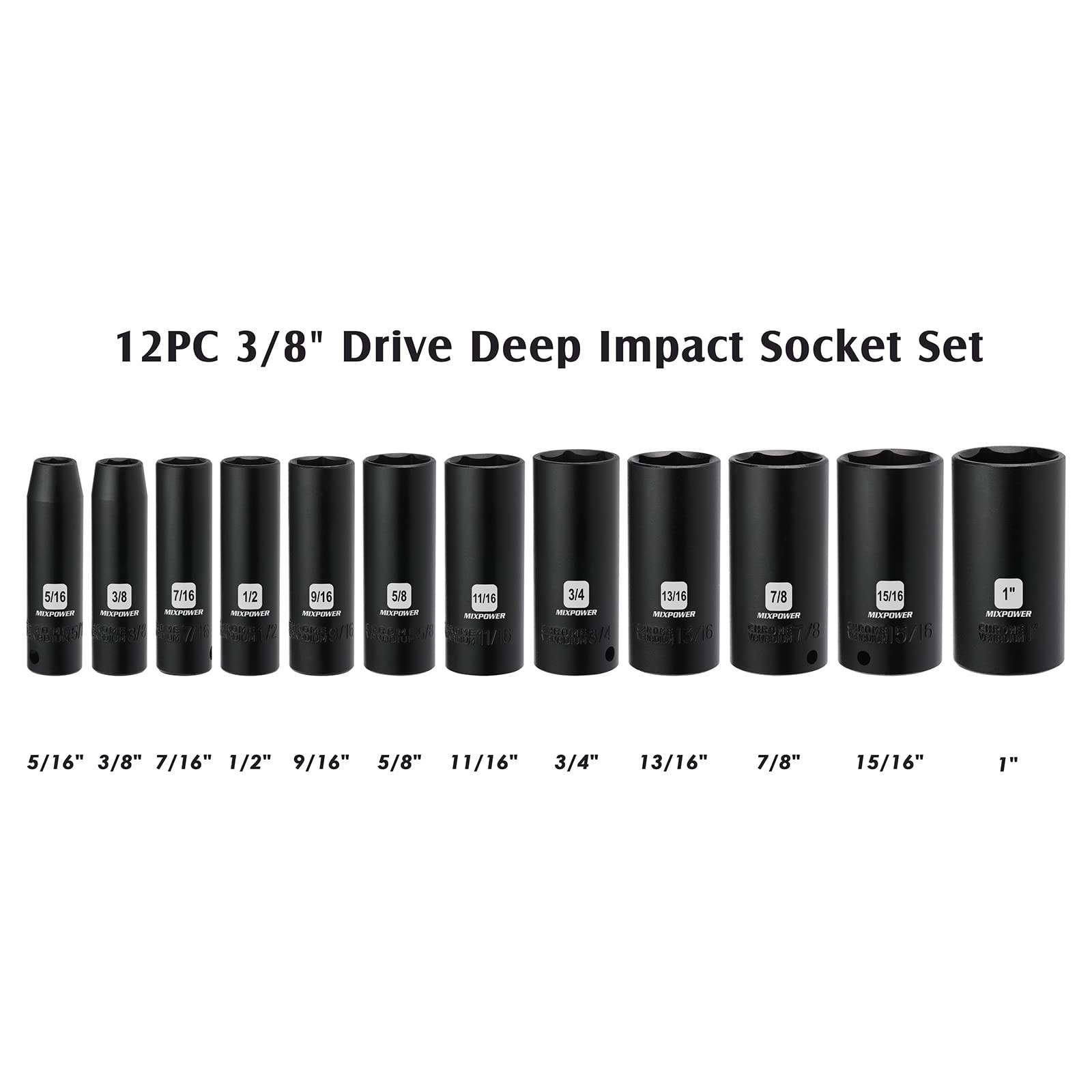 12-Piece 3/8″ Drive Deep Impact Socket Set, SAE 6-Point, CR-V, 5/16″-1″ Sizes