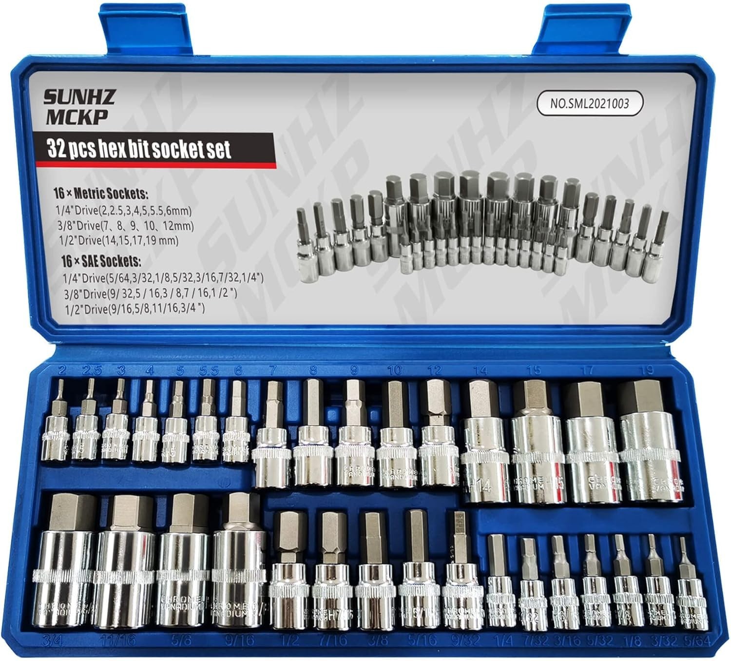 Sunhzmckp 32 Piece Allen Socket Set 1/4″ 3/8″ & 1/2″ Drives Hex Bit Socket Set I