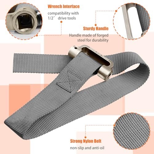 Heavy Duty Oil Filter Strap Wrench – 1/2″ Drive Adjustable Tool for Easy Removal