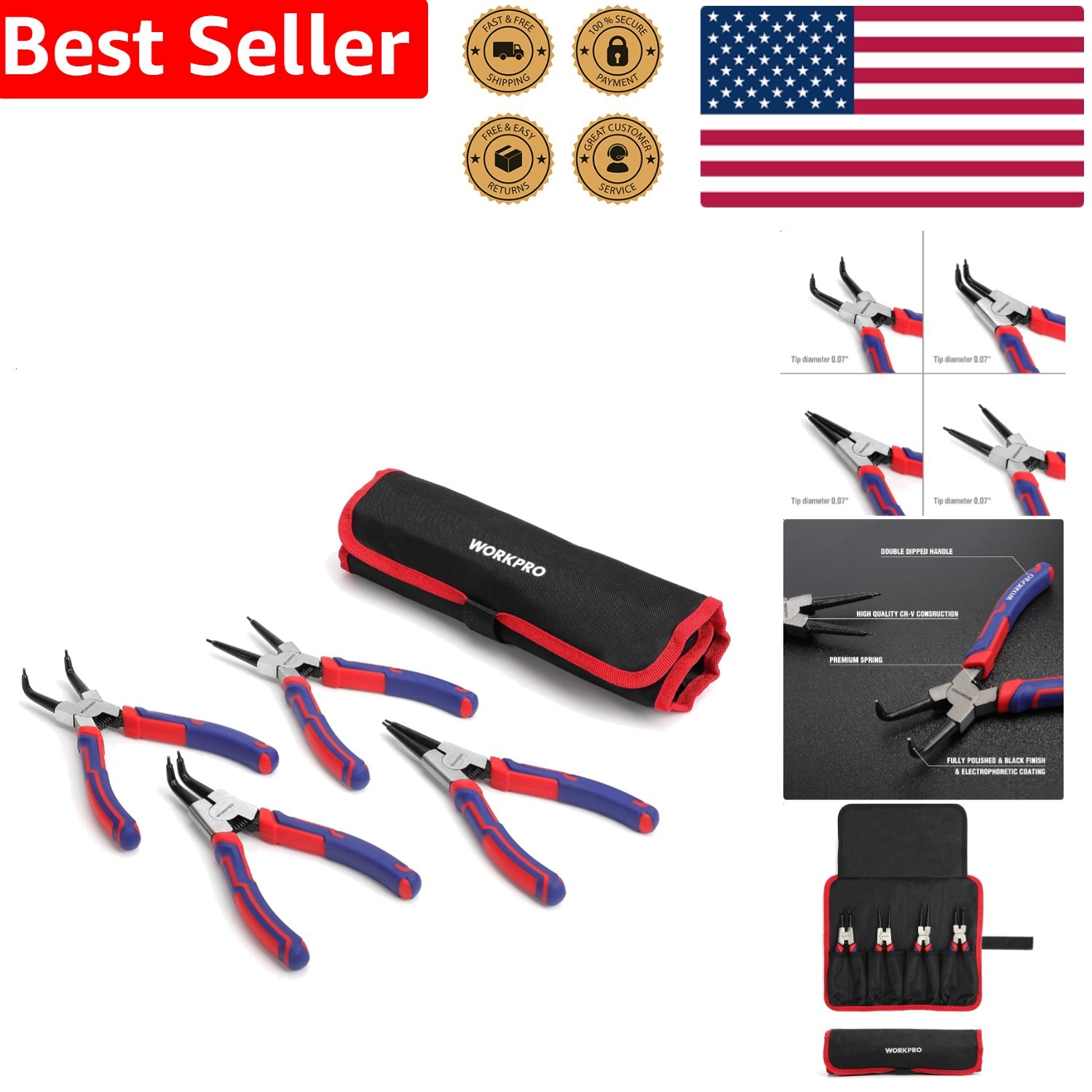 Durable 4-Piece Snap Ring Pliers Set Cr-V Steel Circlip Remover Installer Tool