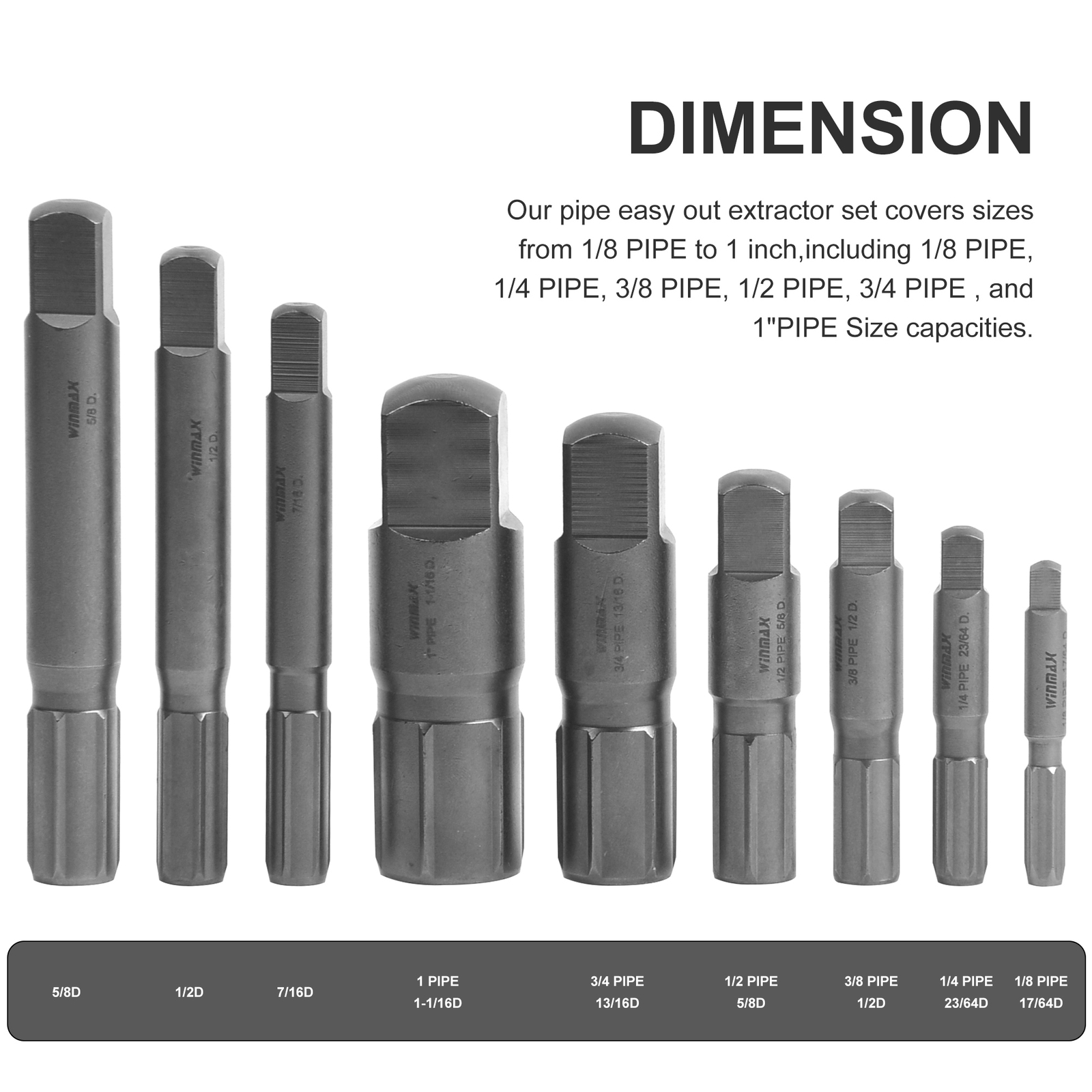 9pcs Pipe Extractor Set, 1/8 to 1 Inch, Broken Pipe Extractors for Damaged Ends