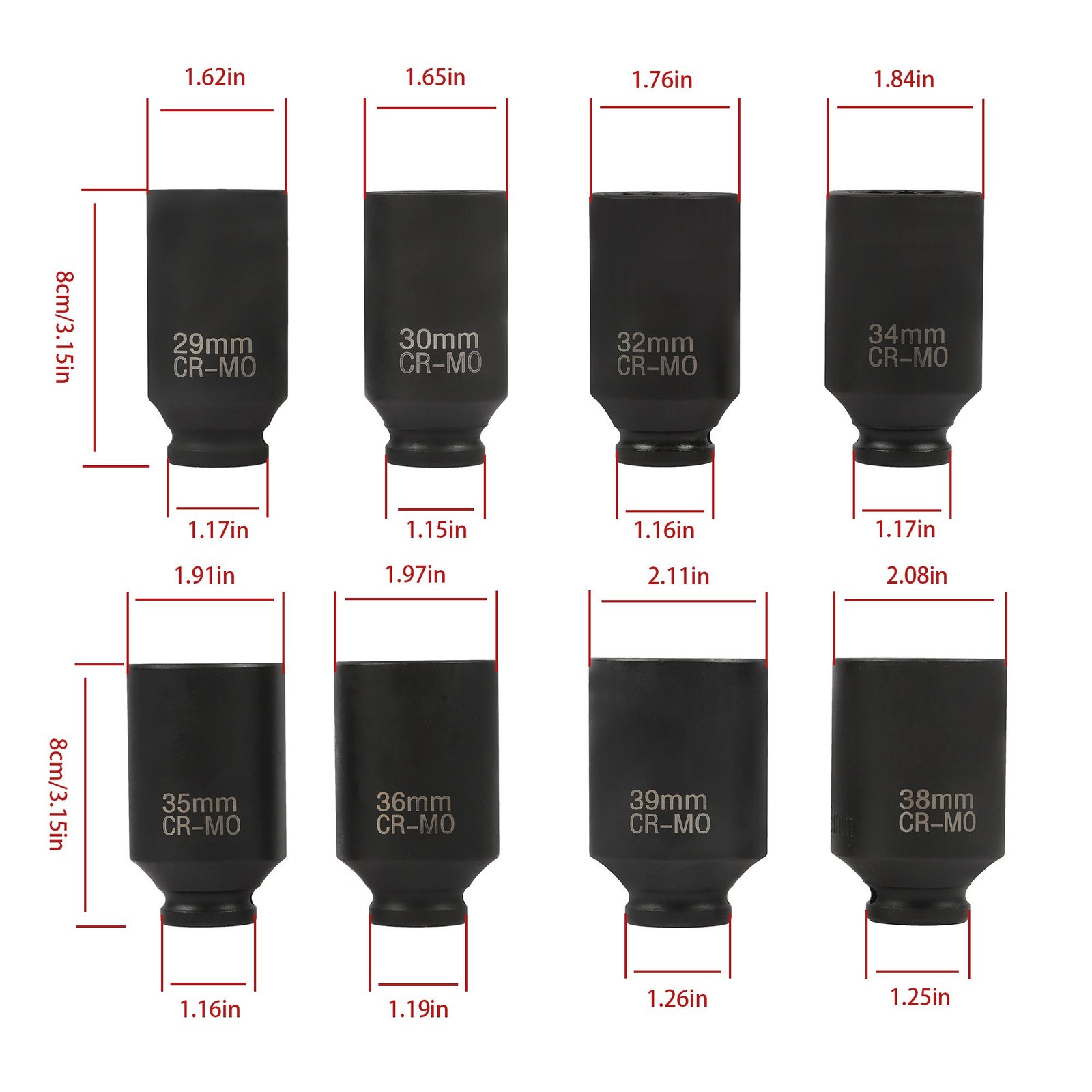 1/2-Inch Drive Deep Spindle Axle Nut Impact Socket Set 12 Point 1/2″ 8PCS