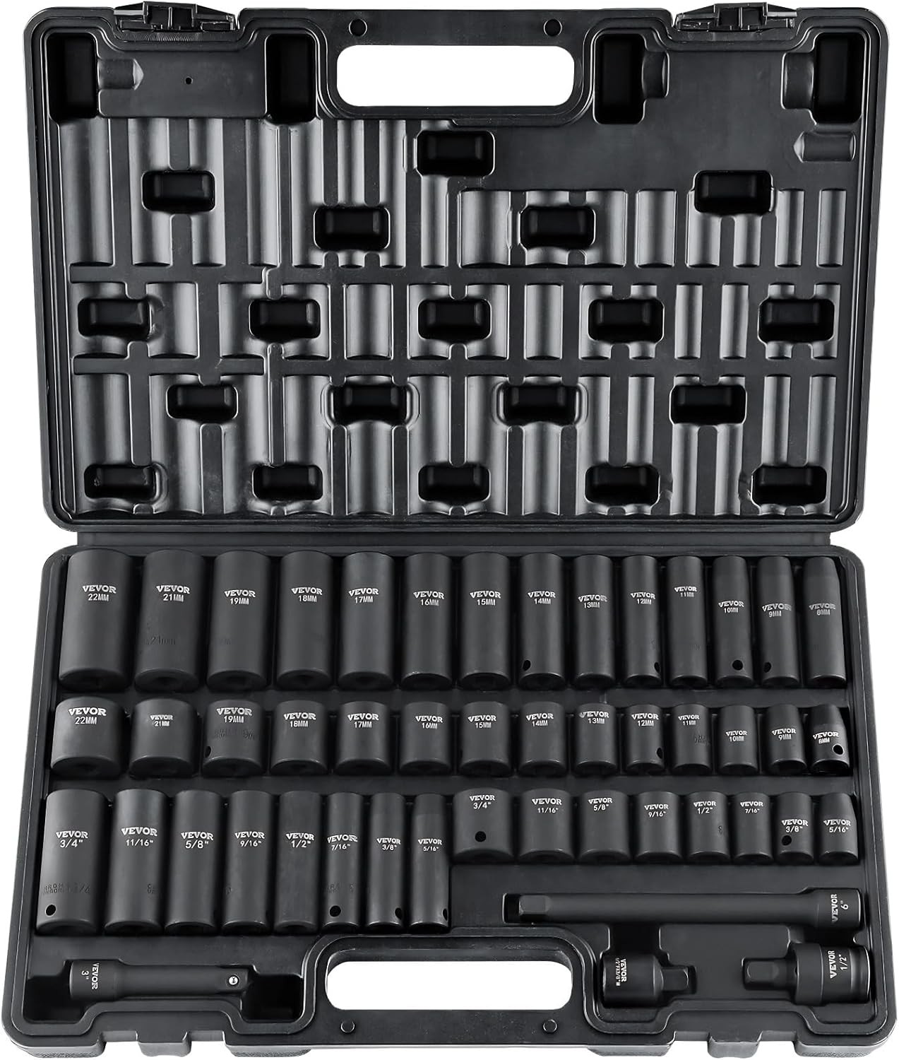 48pcs 3/8″ Drive Impact Socket Set,Standard SAE & Metric,Deep & Shallow, 6 Point