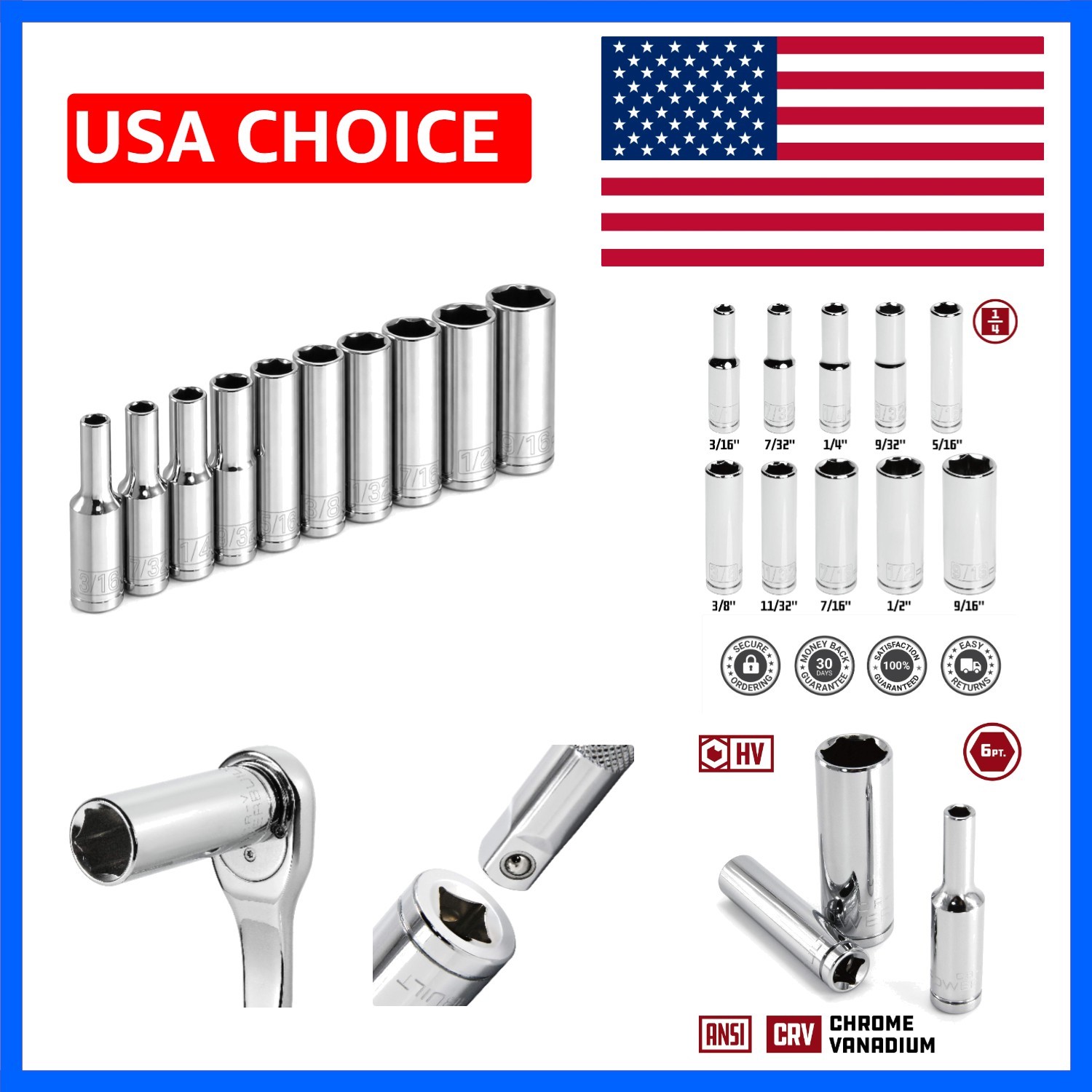10 Piece 1/4 Inch Drive SAE 6 Point Deep Socket Set, Z-Drive Grips, Chrome Va…