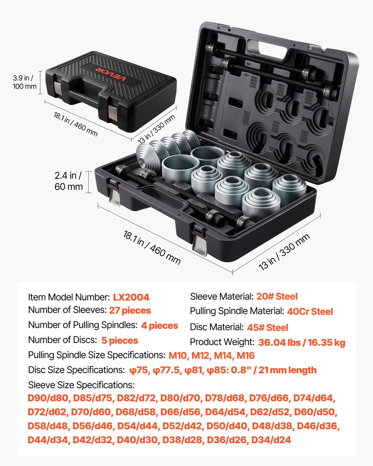 VEVOR Pull and Press Sleeve Kit Bush Bearing Removal Insertion Tool Set 36 PCS