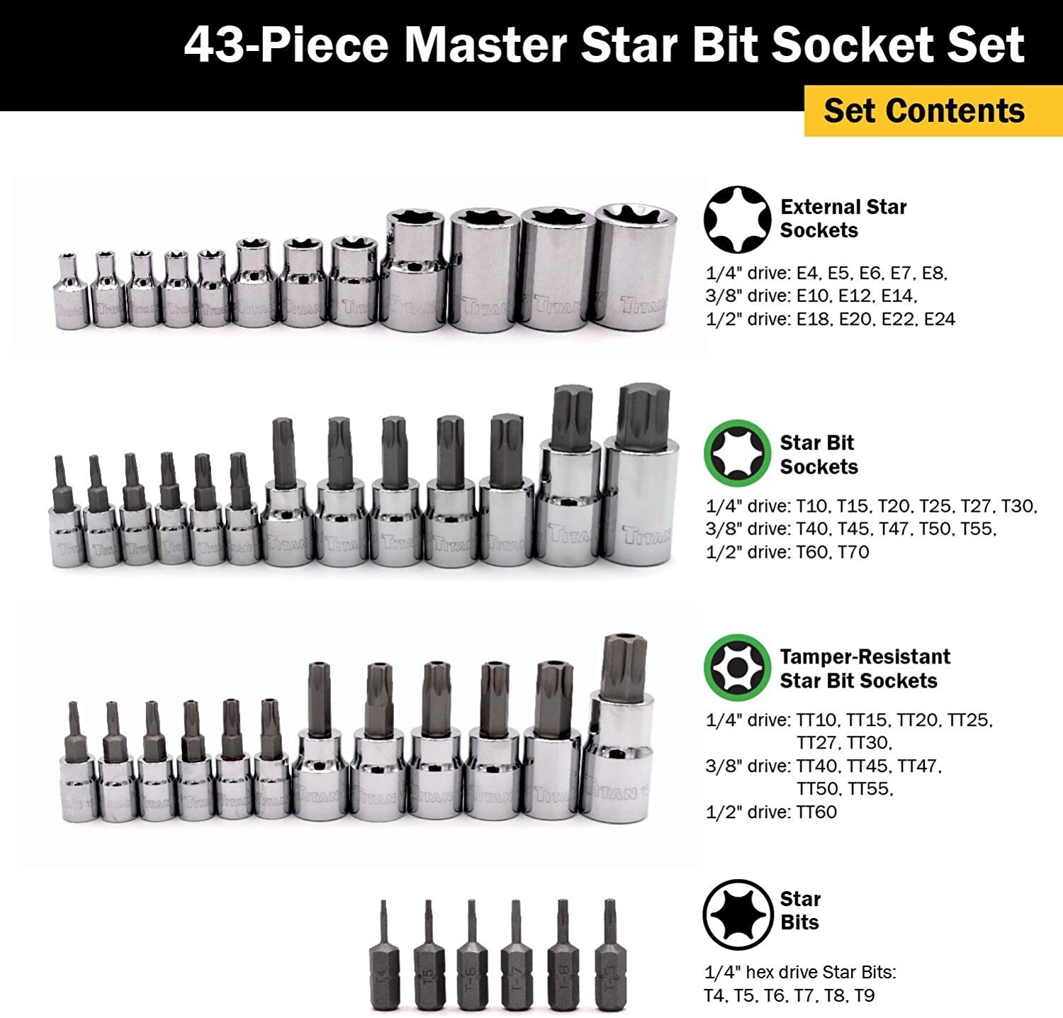 Titan 54137 43 Pc. Master Star / Torx Bit Socket Set