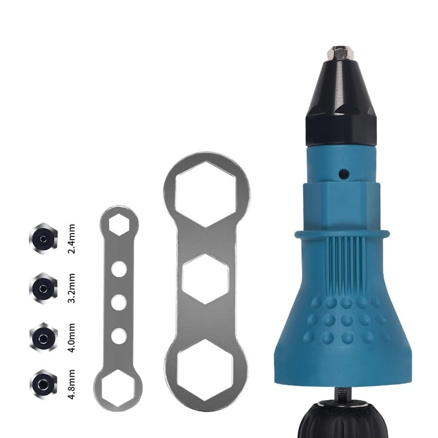 Cordless Electric Rivet Gun Adapter Kit Nut Drill 4.8mm x 160mm, Blue
