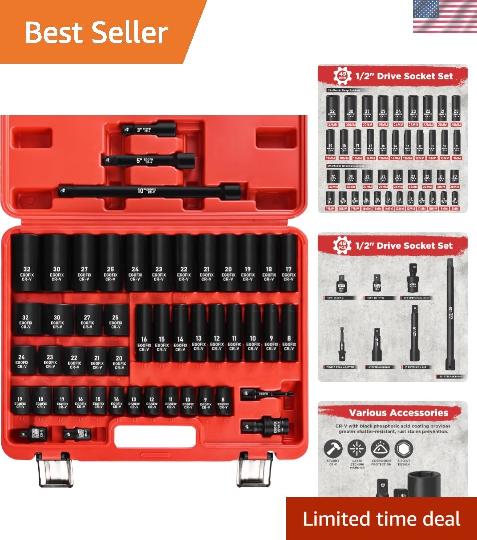 Versatile 49-Piece Metric Impact Socket Set with Universal Joint & Adapters
