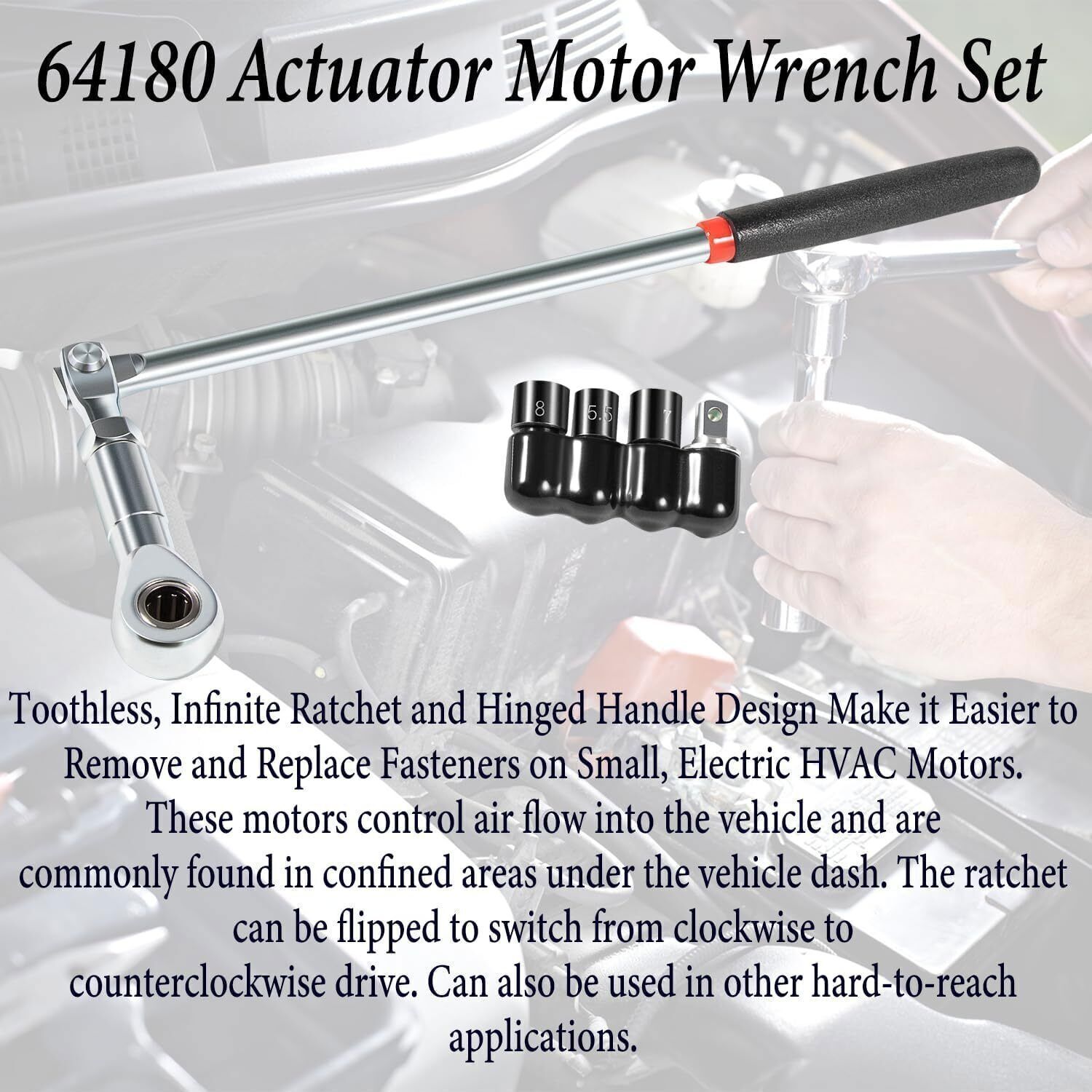 64180 Actuator Motor Tool Set w 5.5mm 7mm 8mm Socket & 1/4″ Square Drive Adapter