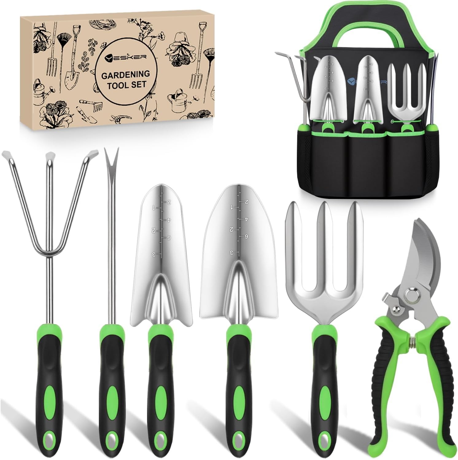 7-Piece Gardening Tools Heavy Duty Garden Tool Set Hand Tool Kit Black Green