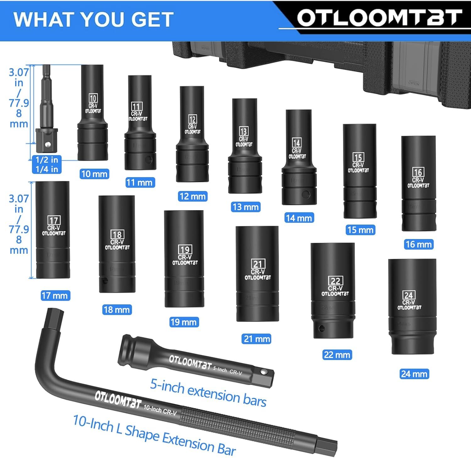 16PCS 1/2 In Drive Thicker Impact Socket Set, High Durability Industrial Grade D