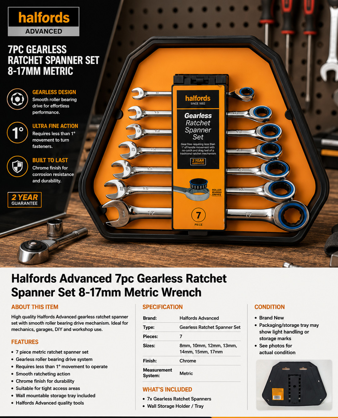 Halfords Advanced 7pc Gearless Ratchet Spanner Set 8-17mm Metric Wrench