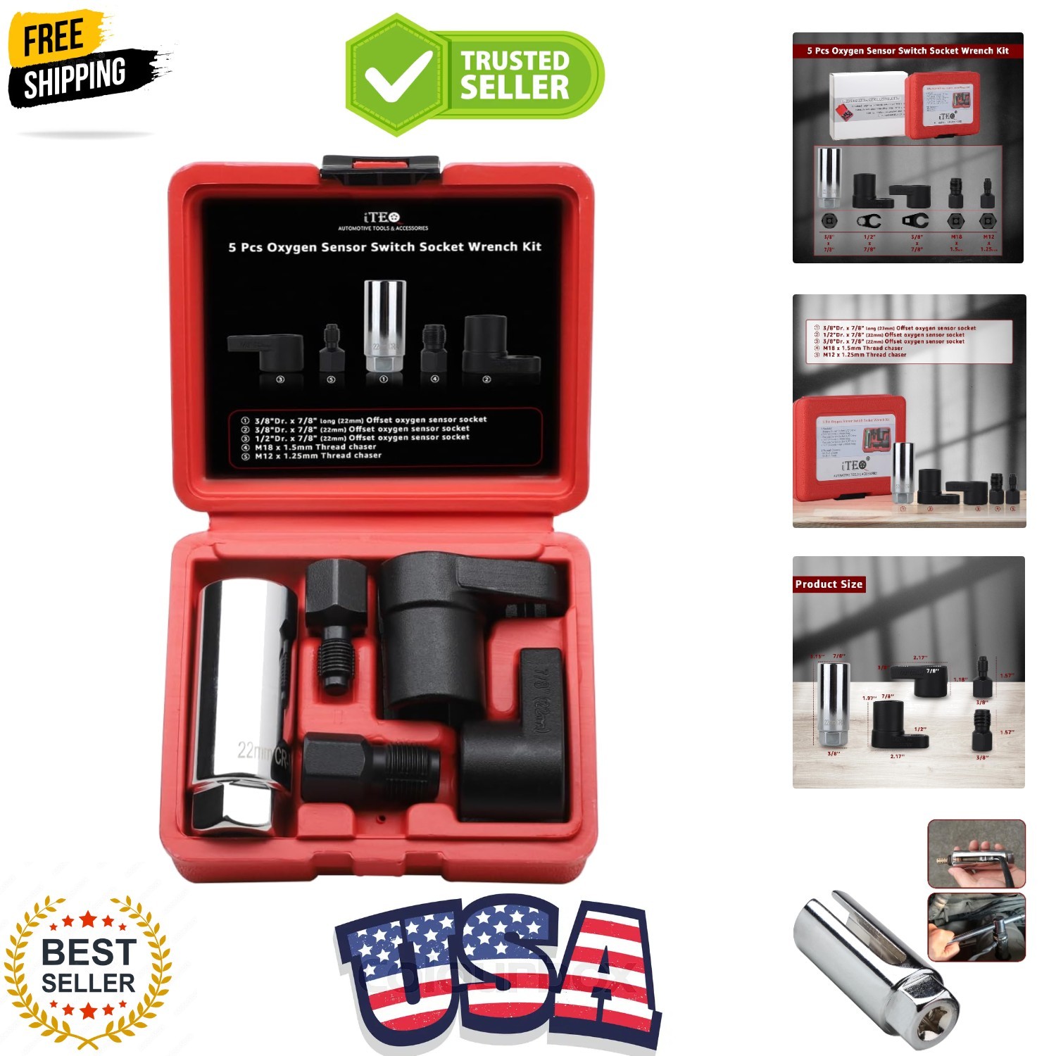 5 Pcs Automotive Oxygen Sensor Socket Wrench Remover tool and Thread Chaser Set