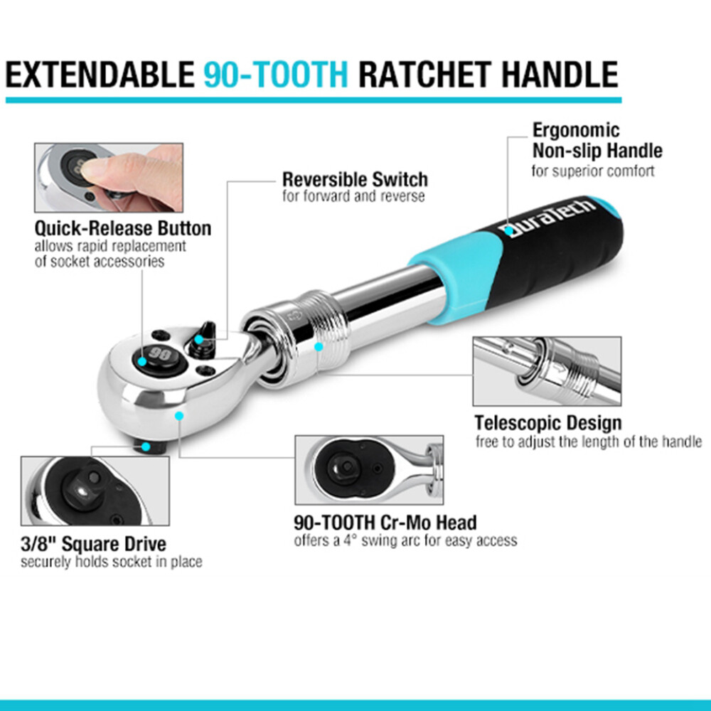 DURATECH 3/8″ Drive Ratchet 90-Tooth Quick-release Extendable Ratchet 4 Sections