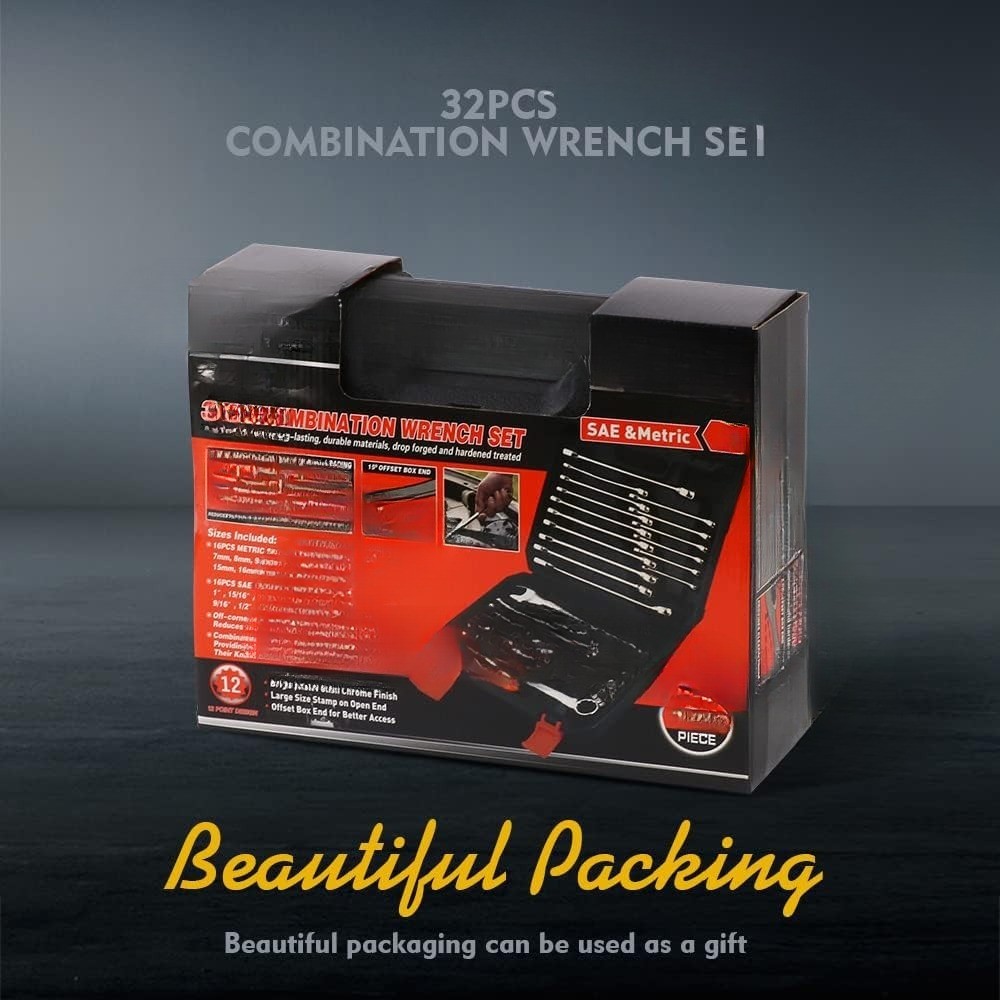 32-Piece Combination Wrench Set, SAE and Metric Sizes