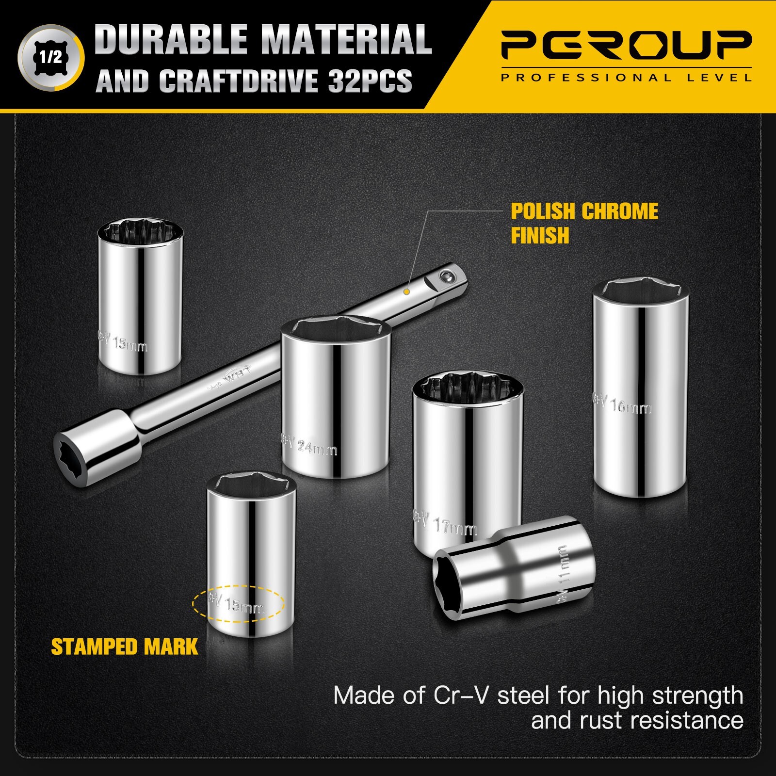 pgroup 32Pcs 1/2 inch Drive 8mm-32mm Metric socket set, with Ratchet Wrench