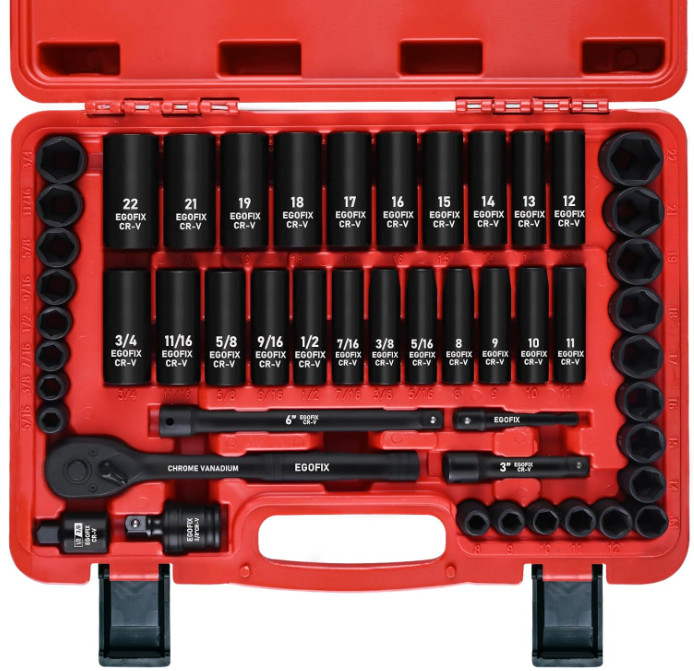 Juego Vasos Impacto 3/8» 50 Piezas SAE y Métrico 6 Puntas Carraca CR-V Set Pro