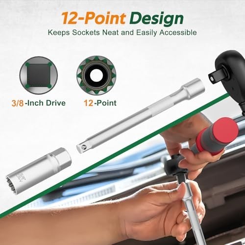 11-Piece Spark Plug Socket Set, 3/8″ Drive, SAE & Metric Sizes, Magnetic Tool &