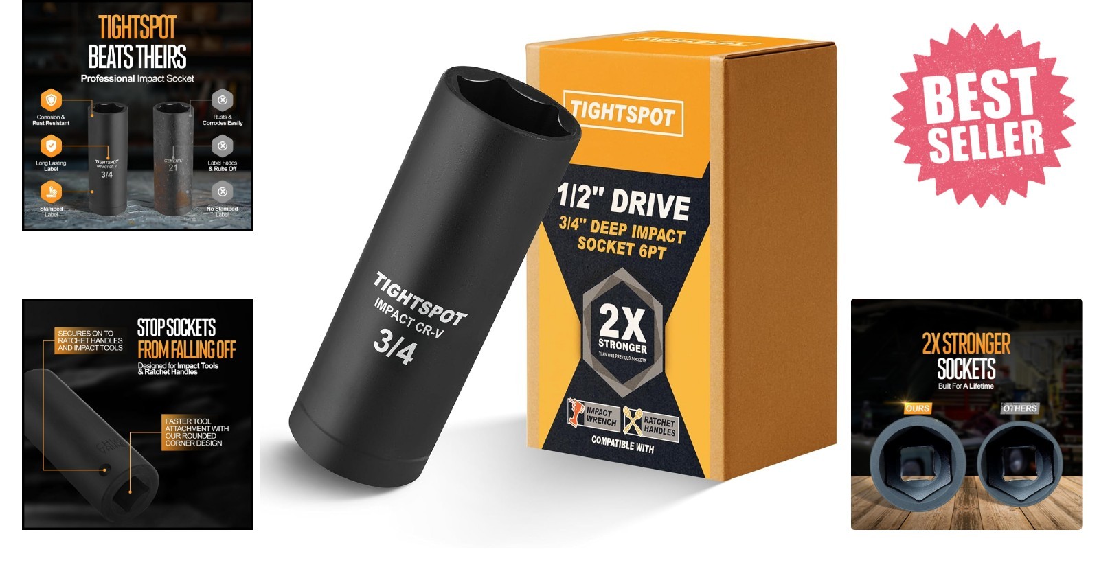 3/4 Inch Deep Impact Socket, 1/2 Inch Drive, Heat-Treated CRV Steel Construction