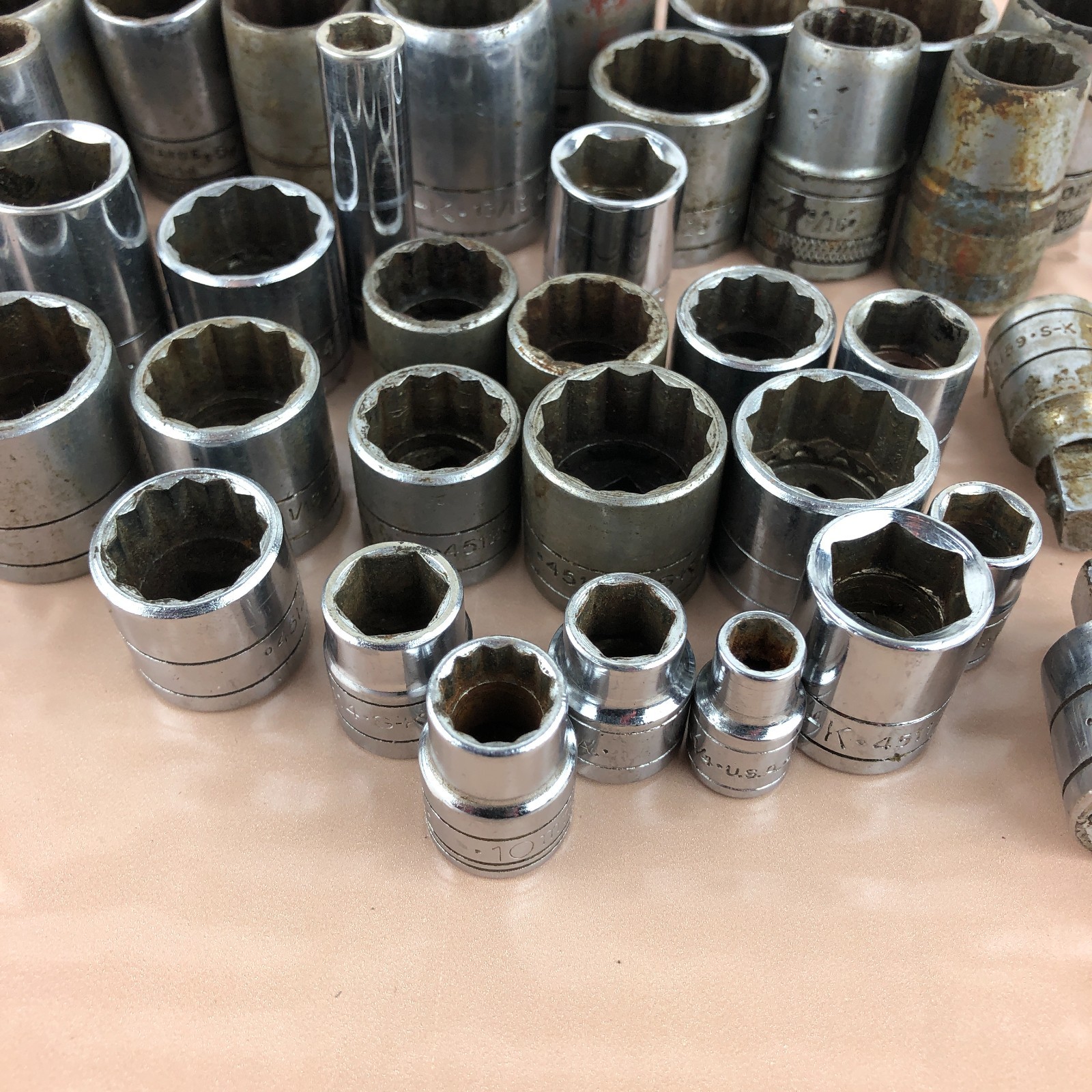 45 Pcs. SK Socket LOT 1/4″ 3/8″ 1/2″ Drive Shallow Deep SAE Metric Chrome USA