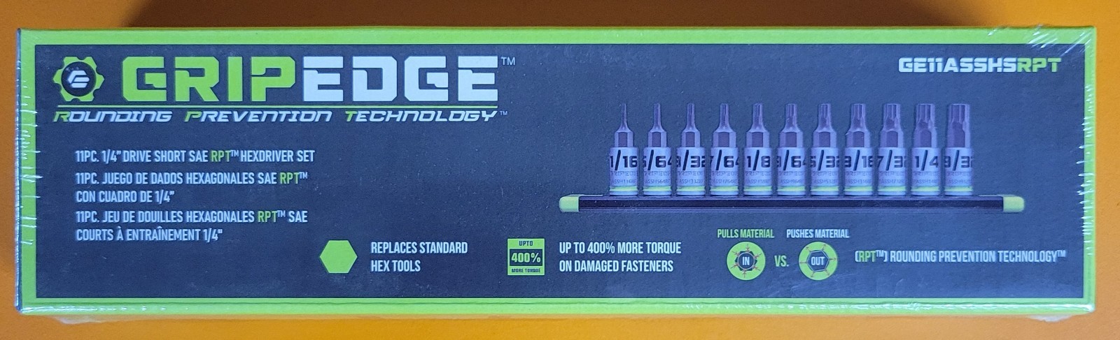 Grip Edge GE11ASSHSRPT 11-PC 1/4» Dr Short SAE RPT Hex Driver Set