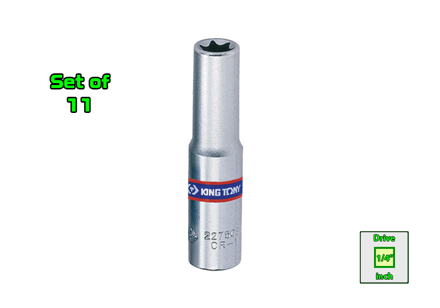 Set of 11 pcs 1/4” Drive Star Socket Torx E4 – E10 Size KING TONY Outside Torx