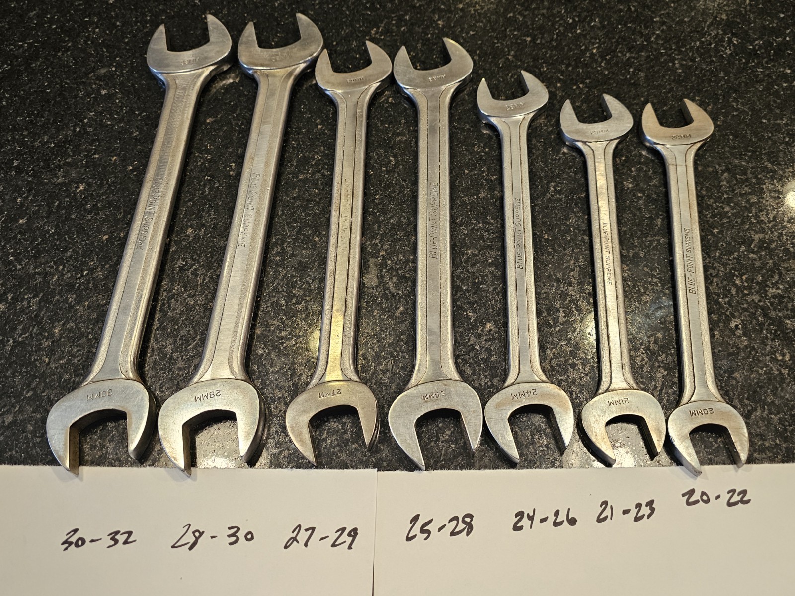Vintage 7pc Blue-Point Supreme Open End JUMBO Large Metric Wrench Set 20-32 mm