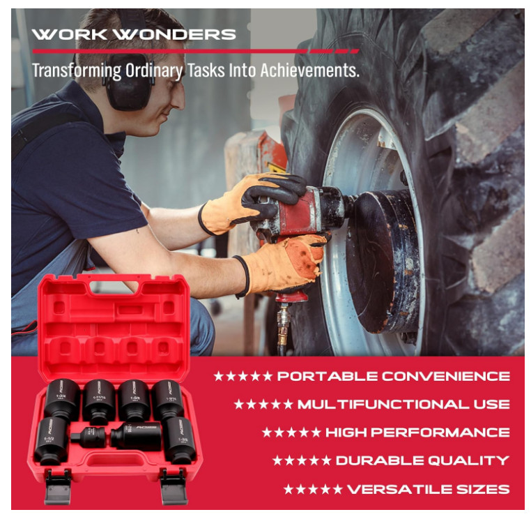 8-Piece SAE Deep Impact Socket Set – 1/2-Inch Drive for Wheel Axle Nuts