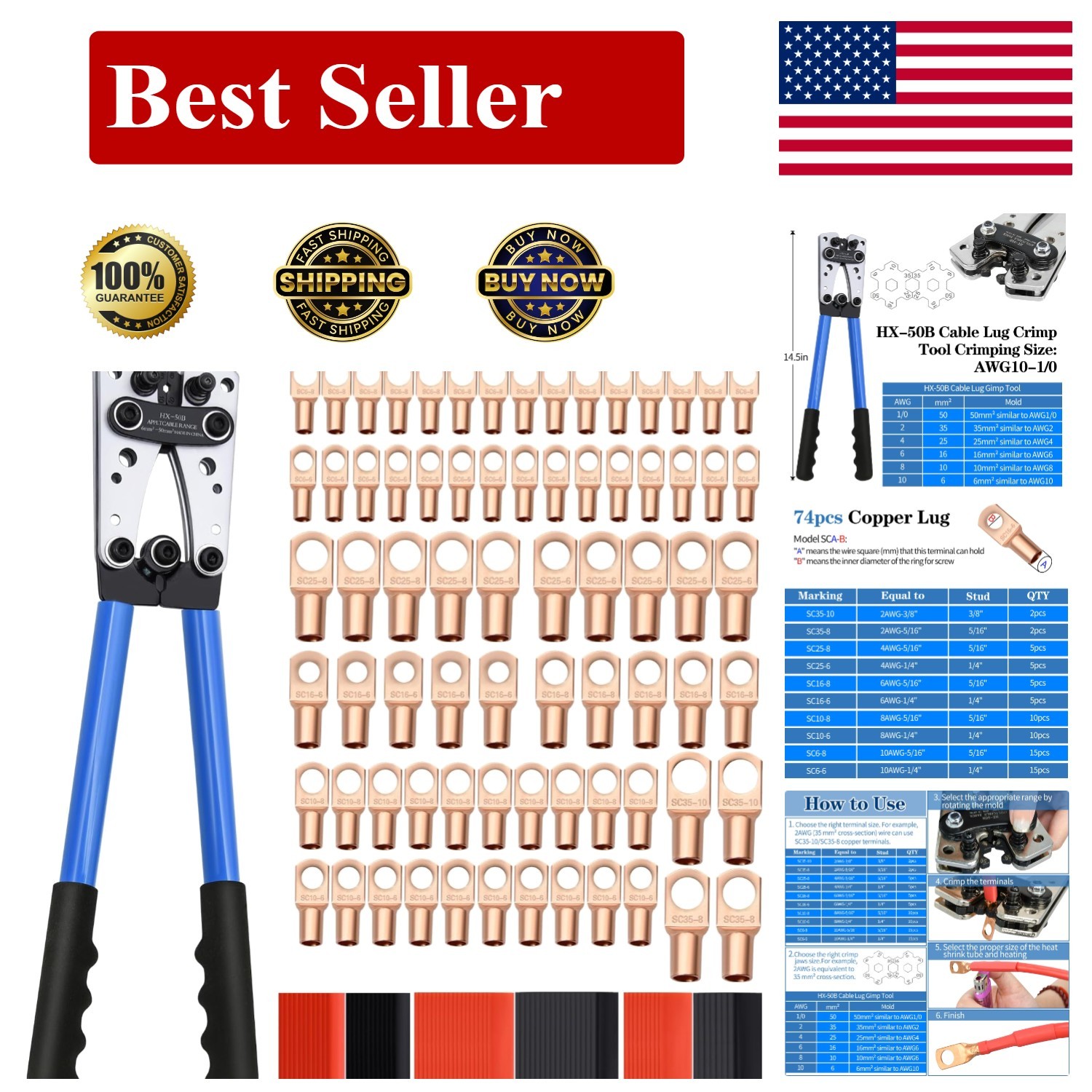 Cable Lug Crimping Tool with 74pcs Copper Wire Lugs, 100pcs Dual Silver/Grey