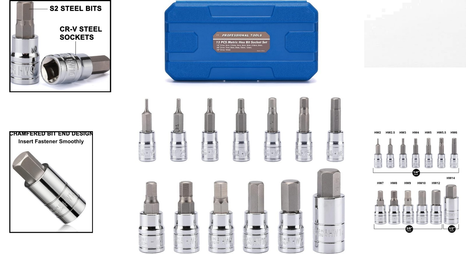Professional 13-Piece Metric Hex Bit Socket Kit, 2mm to 14mm, with Carry Case