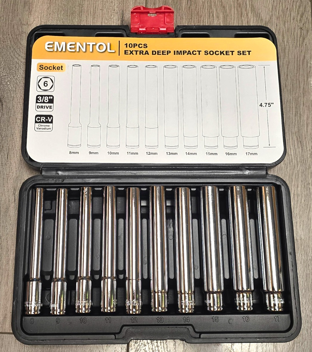 Ementol 10pc 3/8″ dr, 6 Point Extra Long Deep 4.75″ Long Socket Set 8-17mm