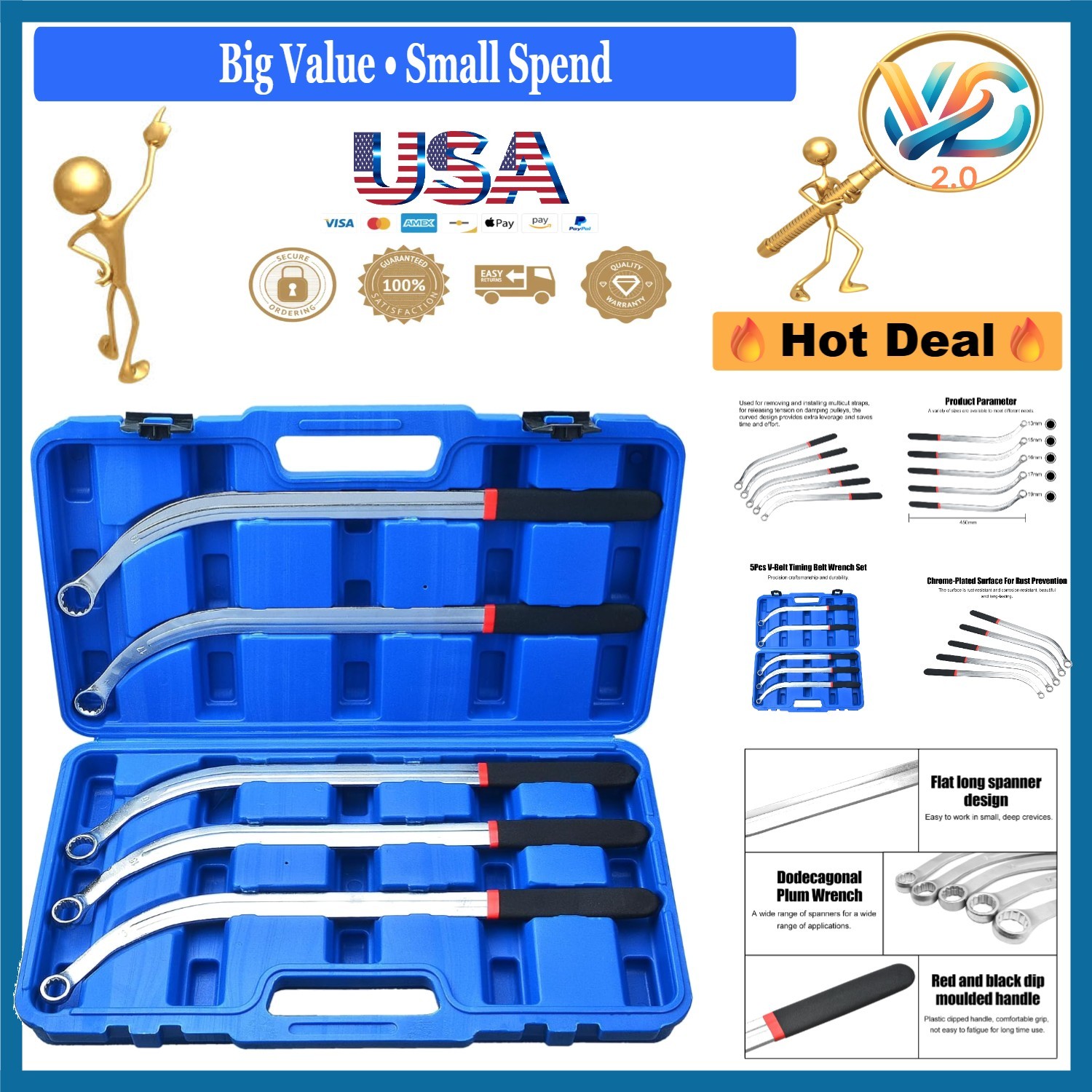 5PCS Serpentine Timing Belt Wrench Set 13-19mm Alloy Steel Tensioner Pulley R…