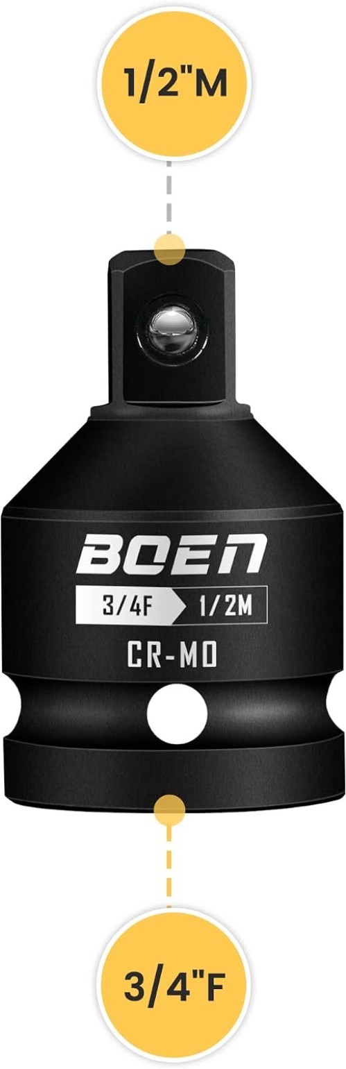 Compact Cr-Mo Steel Impact Socket Adapter, 3/4″F to 1/2″M – Wide Compatibility
