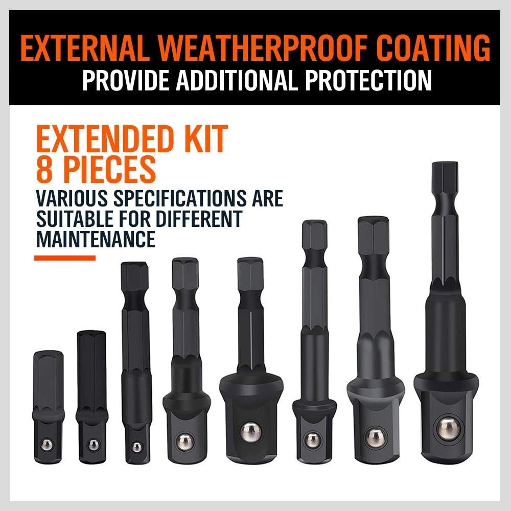 8-Piece Impact Socket Adapter Set Hex Shank 1/4 3/8 1/2 inch Chrome Vanadium